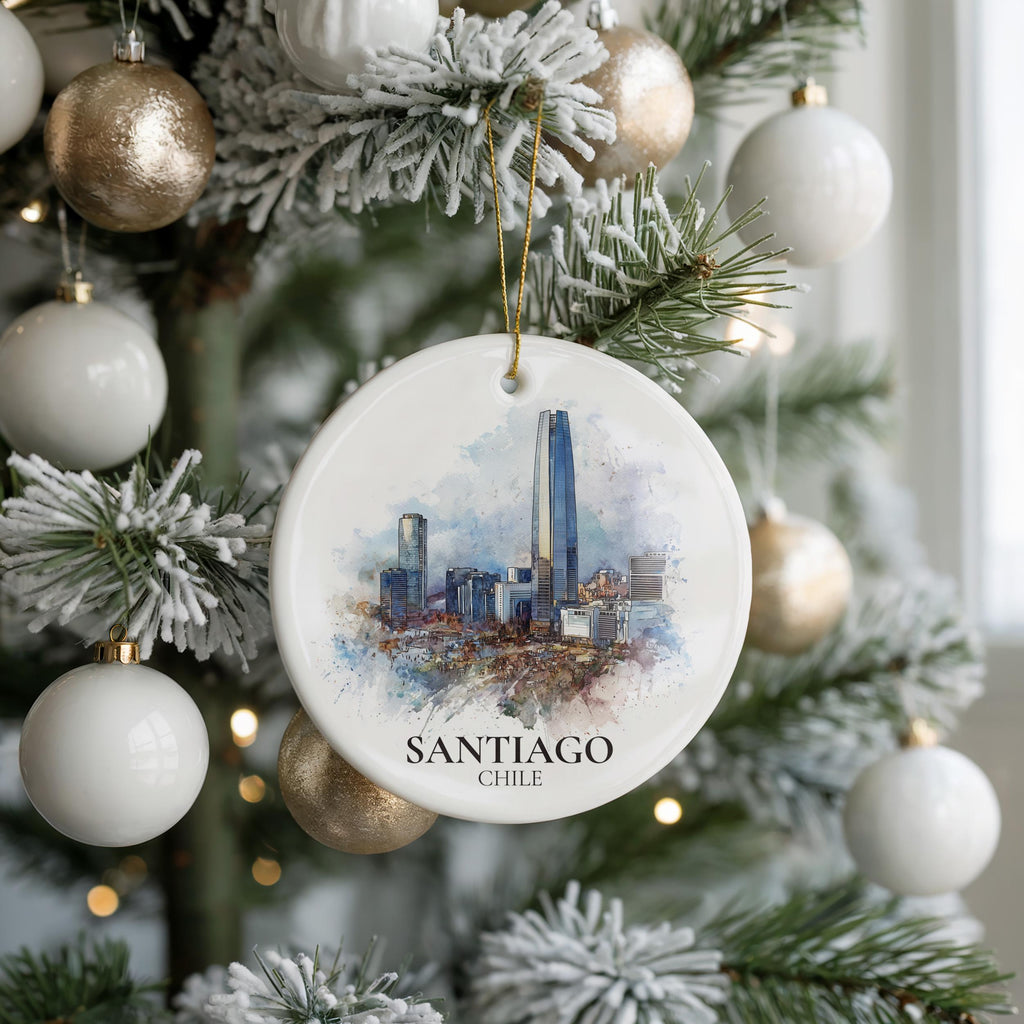Santiago Chile Personalized Watercolor Ornament, Custom Ceramic Christmas gift, Travel Keepsake