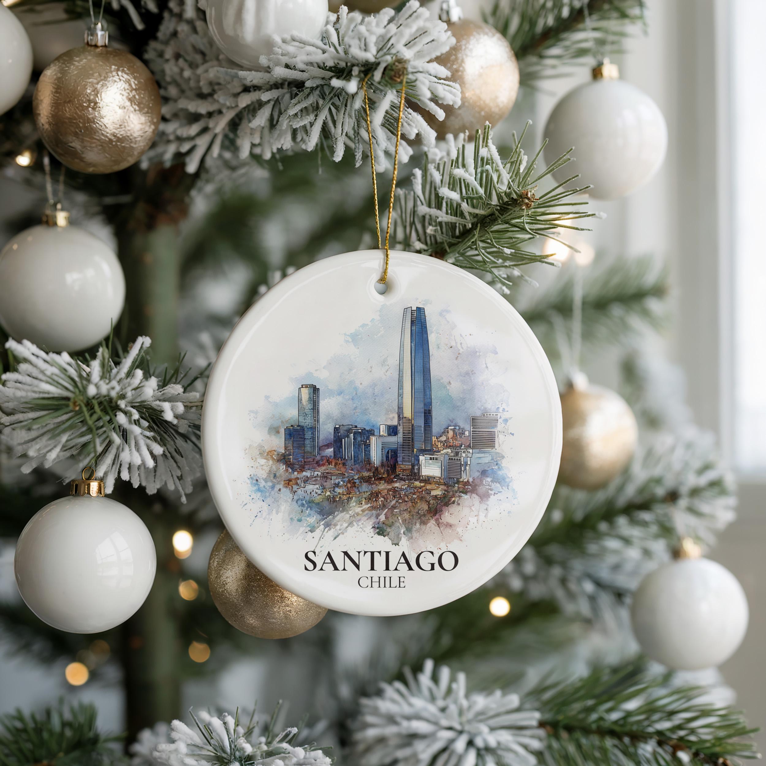 Santiago Chile Personalized Watercolor Ornament, Custom Ceramic Christmas gift, Travel Keepsake