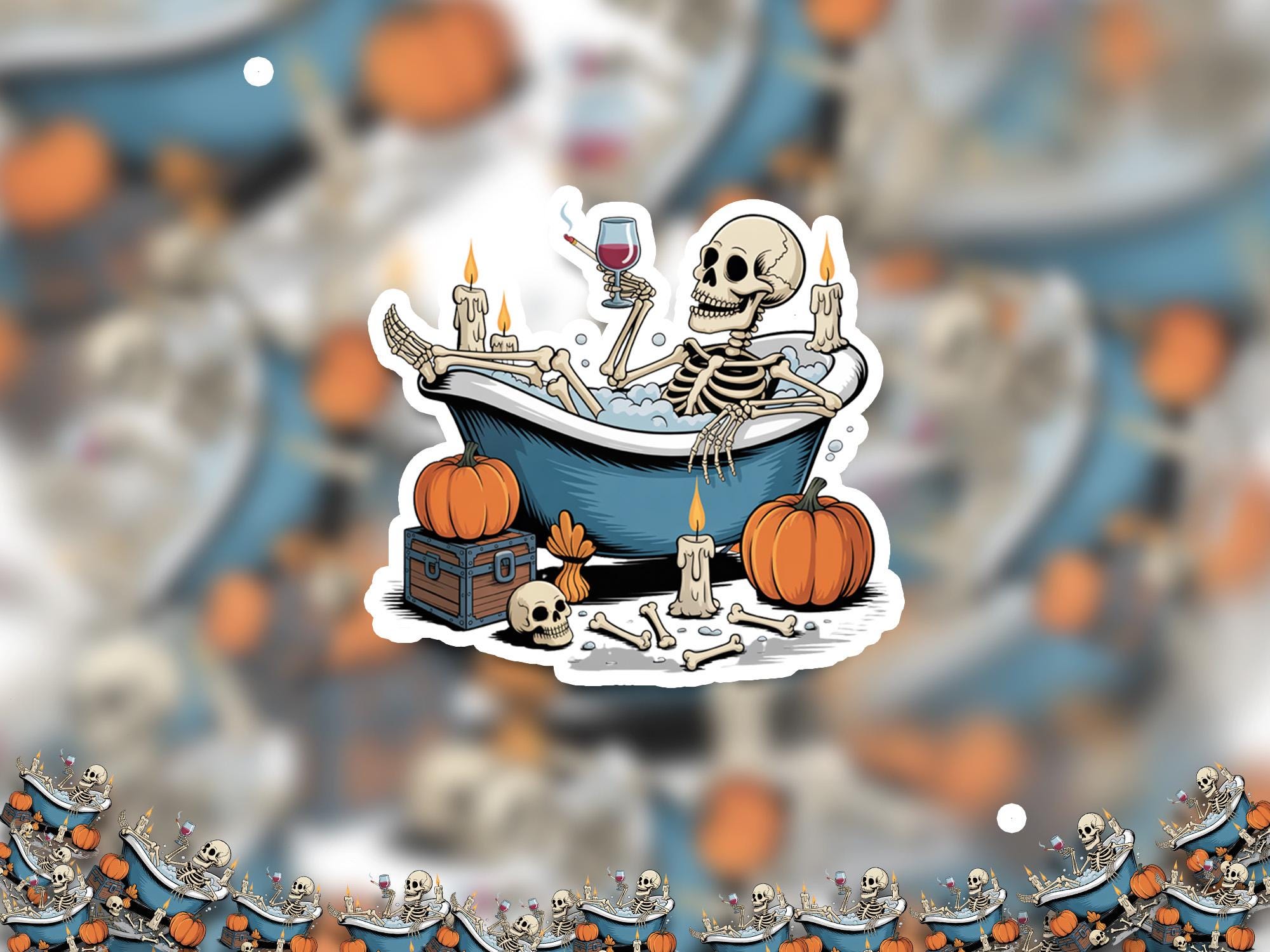 Tired Skeleton in bathtub Sticker, Spooky Halloween Waterproof Decal for tumbler, kindle