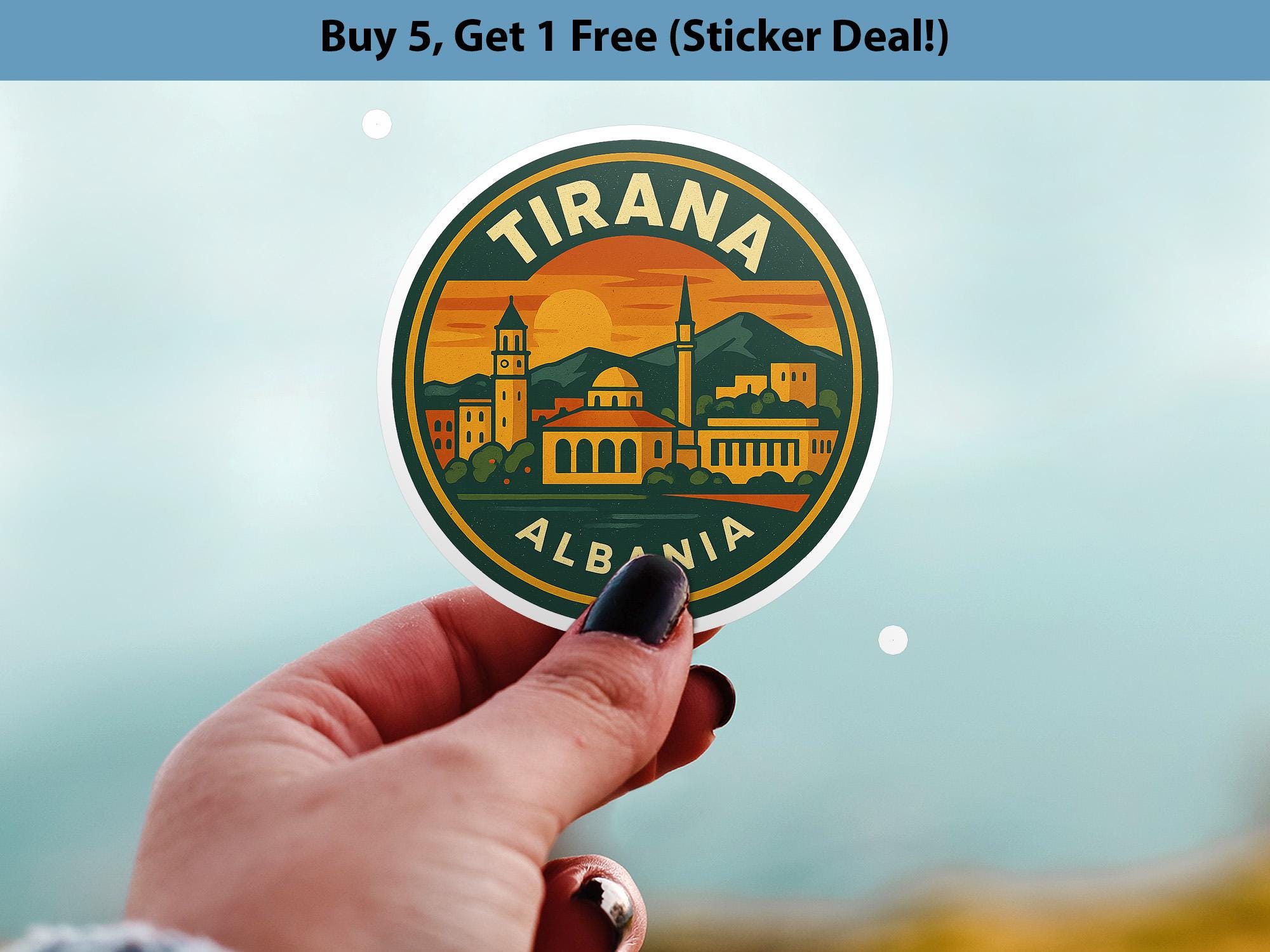 Tirana Albania Sticker Kiss-Cut Vinyl, Waterproof Decal, Retro Travel Lover Collection