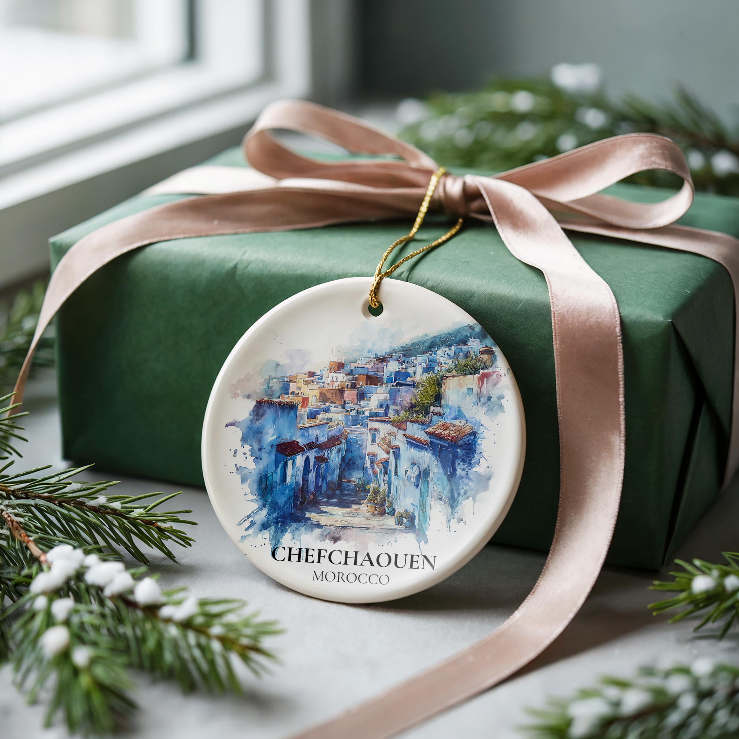 Chefchaouen Morocco Personalized Watercolor Ornament, Custom Ceramic Christmas gift, Travel Keepsake