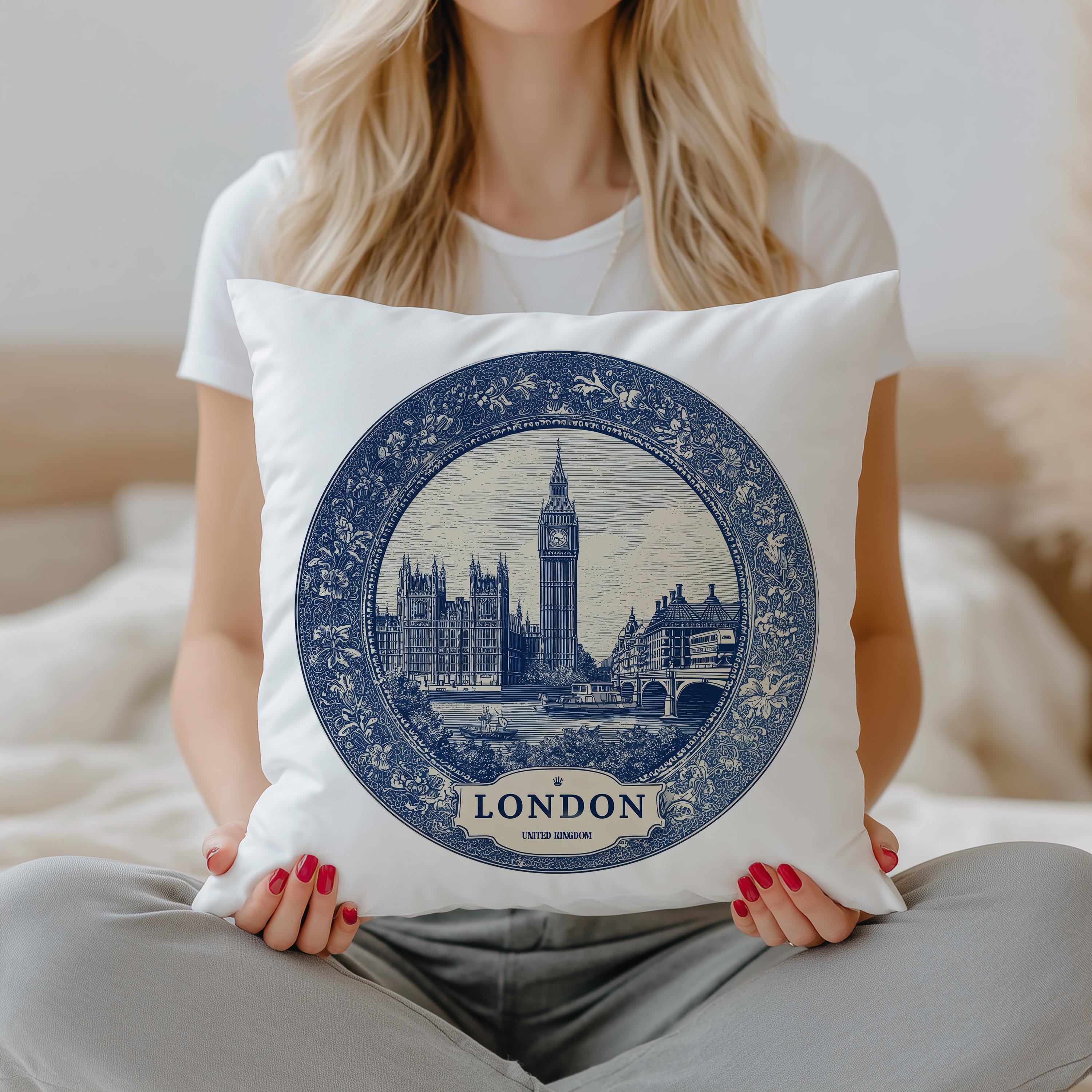 London UK Pillowcase, Delft Style Decorative Throw Pillow, Vintage Cityscape Retro Home Decor