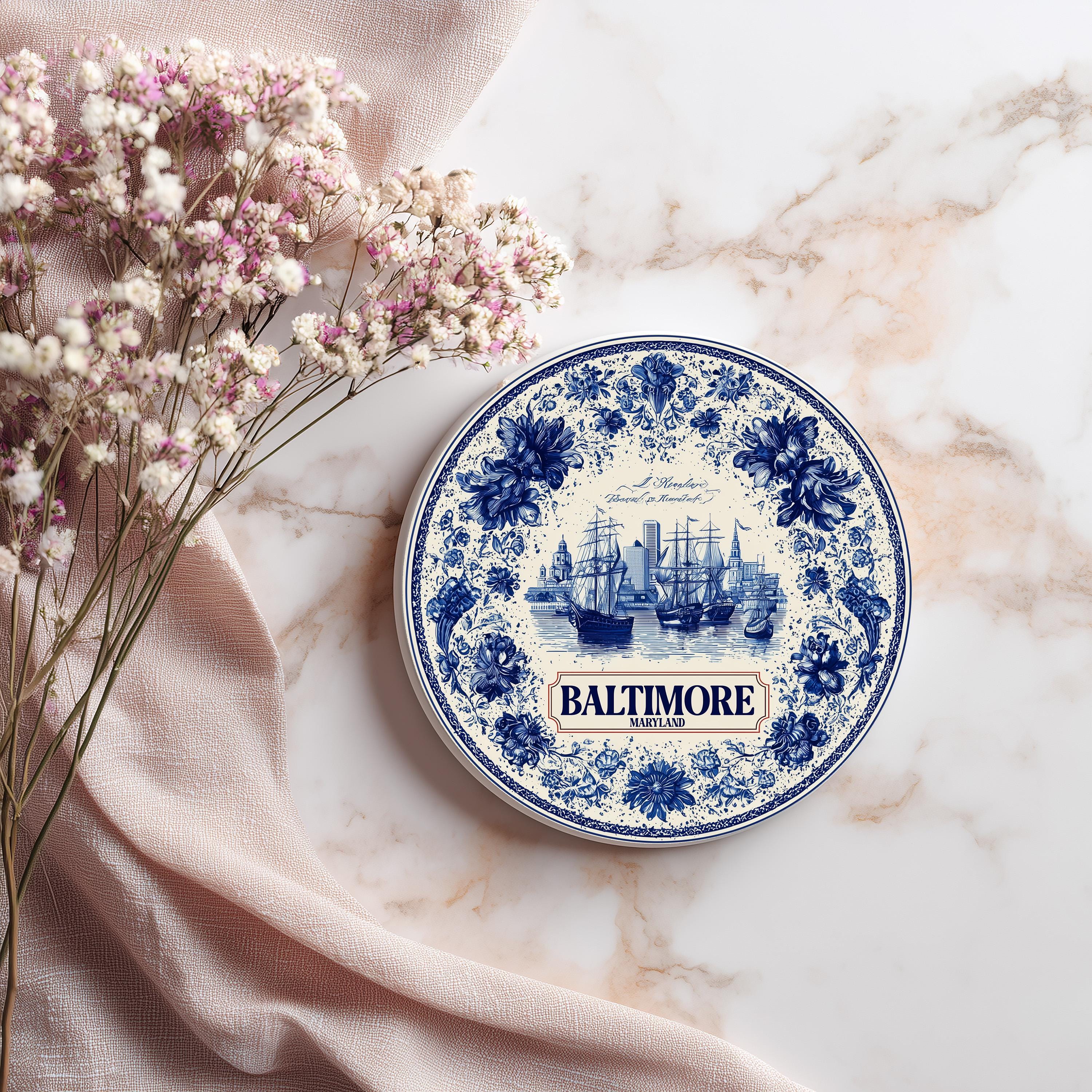 Baltimore Maryland Delftware Ceramic Coaster, Blue White Travel Gift, Vintage Home Decor Collectible