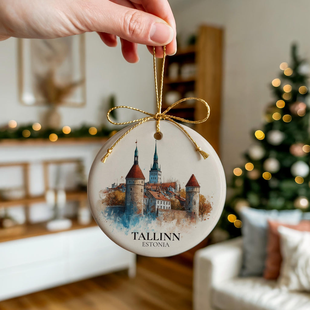 Tallinn Estonia Personalized Watercolor Ornament, Custom Ceramic Christmas gift, Travel Keepsake