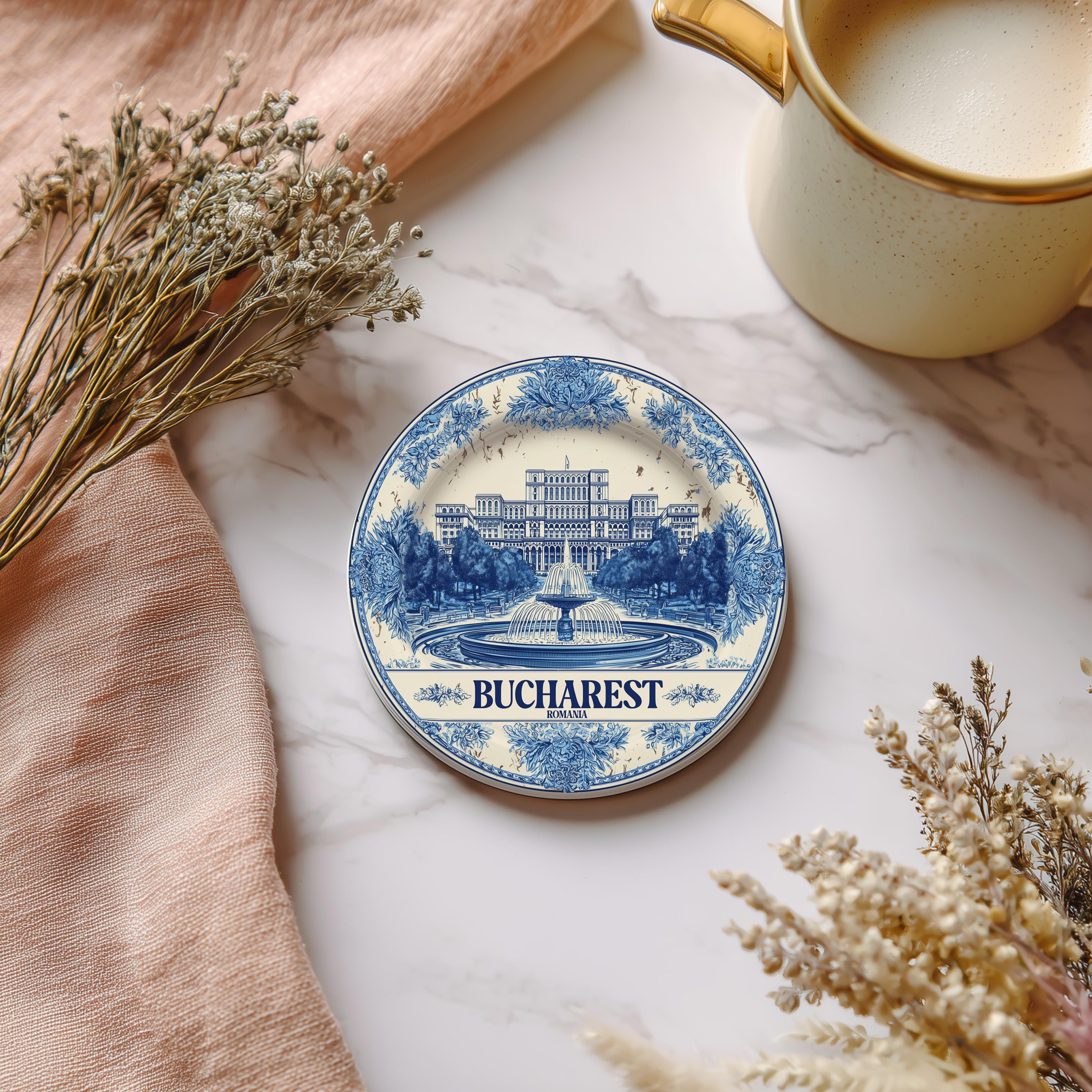 Bucharest Romania Delftware Ceramic Coaster, Blue White Travel Gift, Vintage Home Decor Collectible