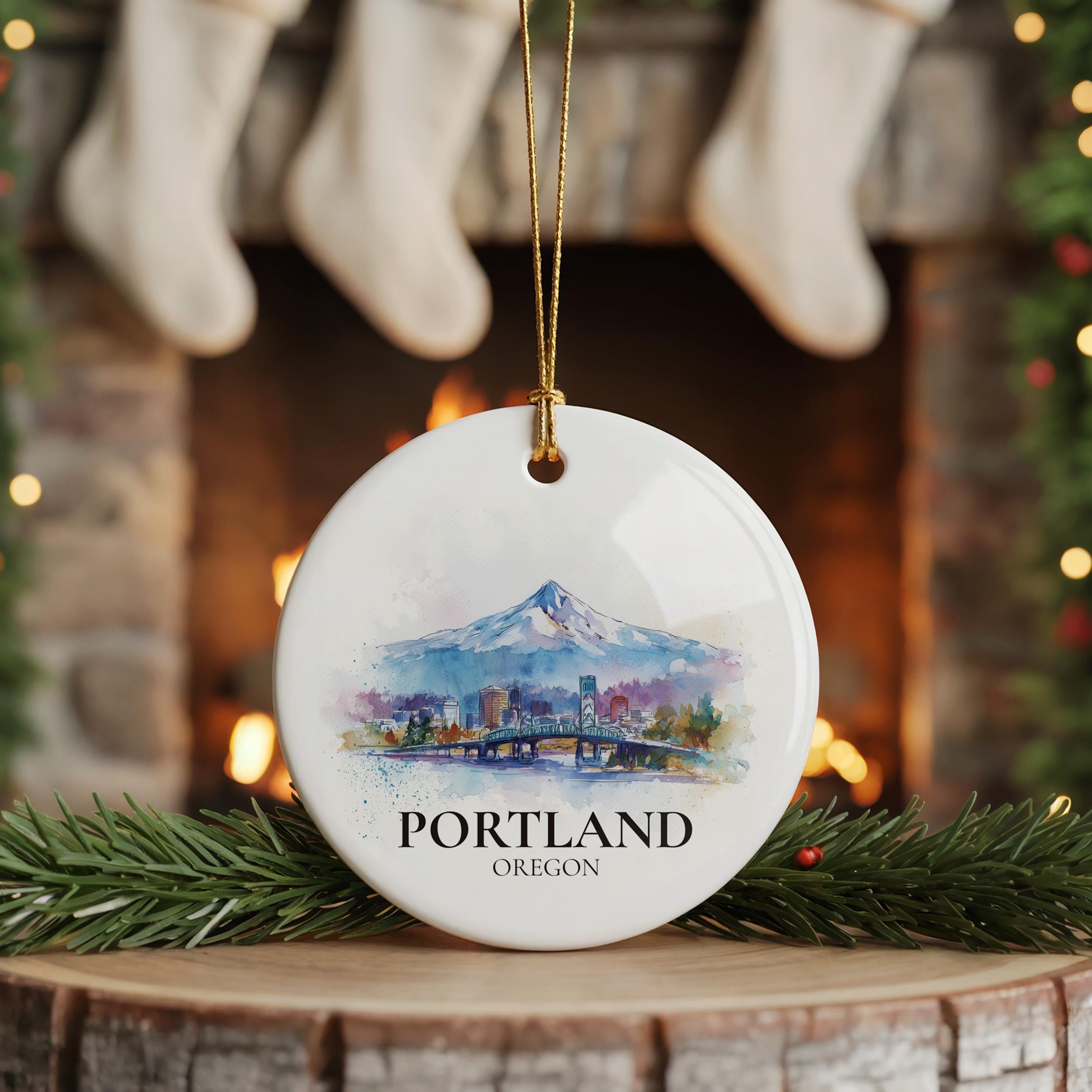 Portland Oregon Personalized Watercolor Ornament, Custom Ceramic Christmas gift, Travel Keepsake