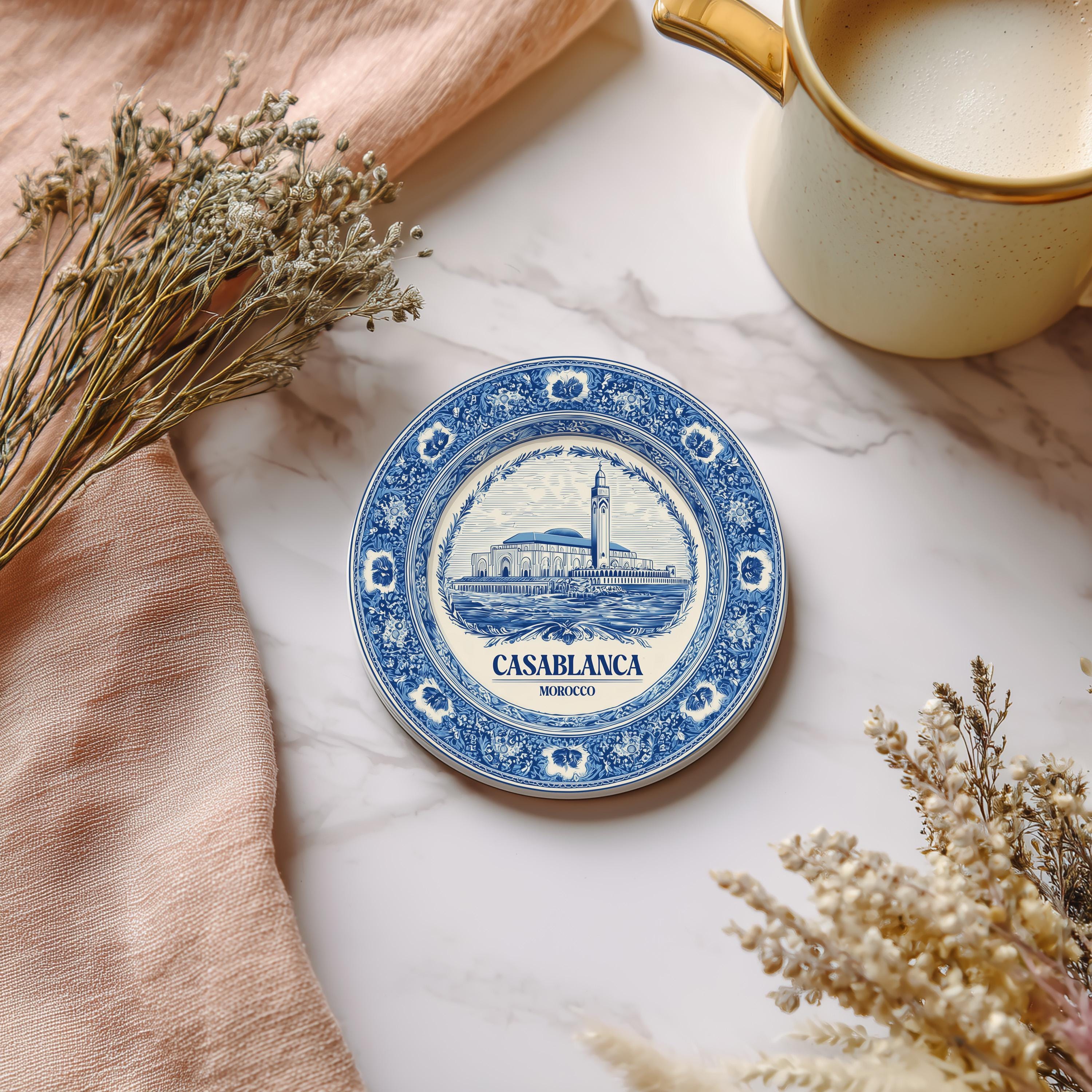 Casablanca Morocco Delftware Ceramic Coaster, Blue White Travel Gift, Vintage Home Decor Collectible