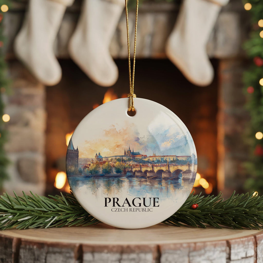 Prague Czech Republic Custom Watercolor Ornament, Personalized Ceramic Christmas gift, Travel Keepsake