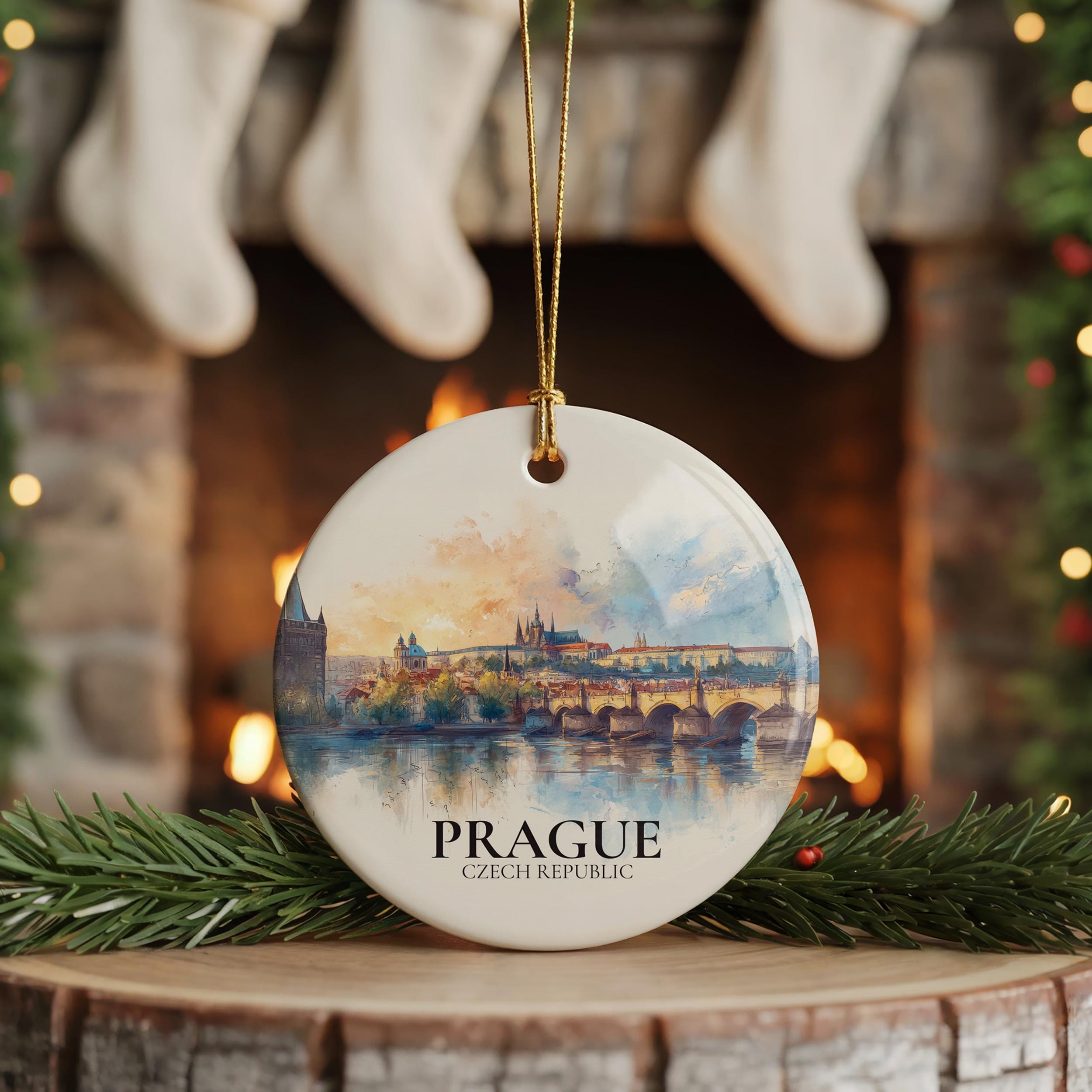 Prague Czech Republic Custom Watercolor Ornament, Personalized Ceramic Christmas gift, Travel Keepsake