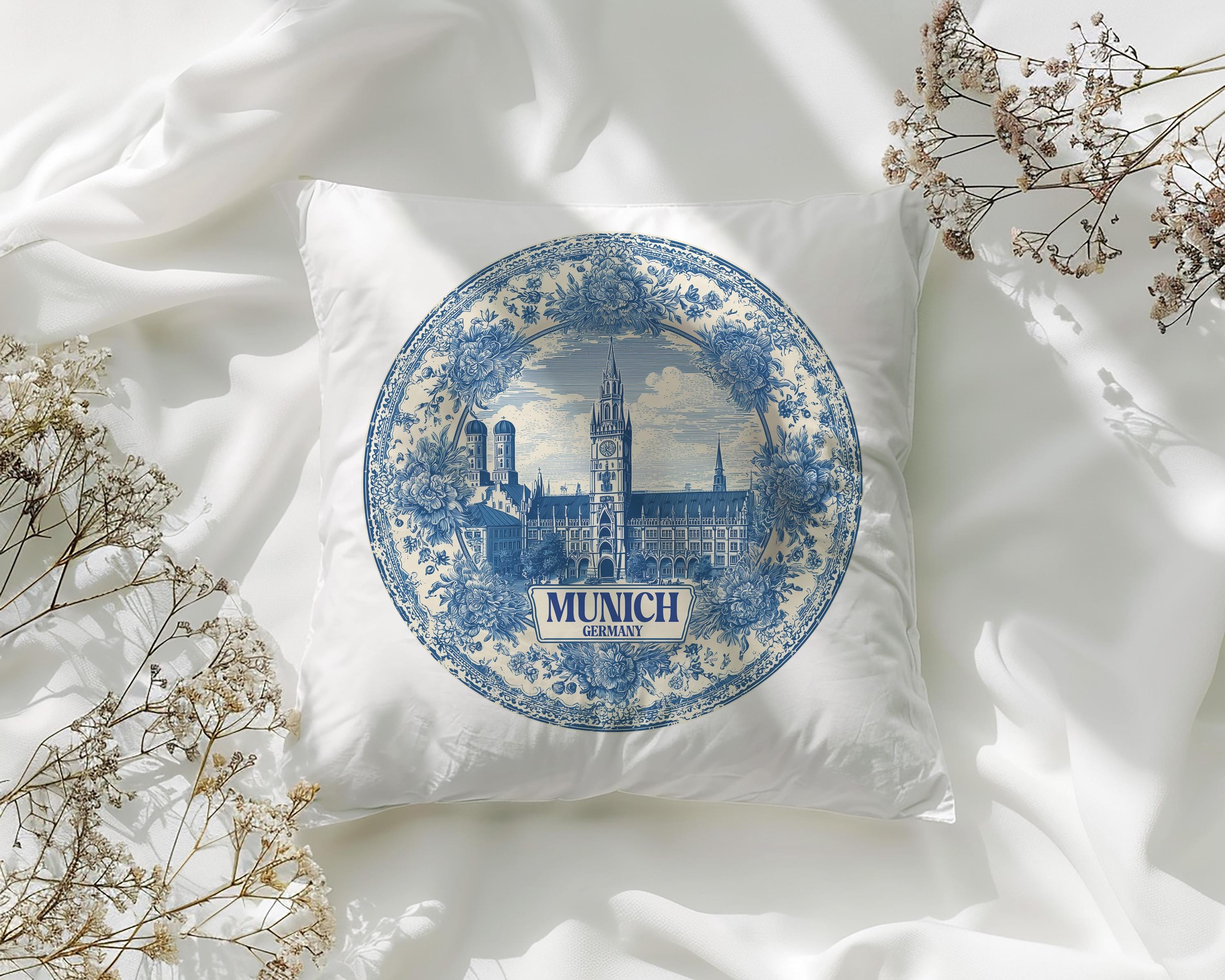 Munich Germany Pillowcase, Delft Style Decorative Throw Pillow, Vintage Cityscape Retro Home Decor