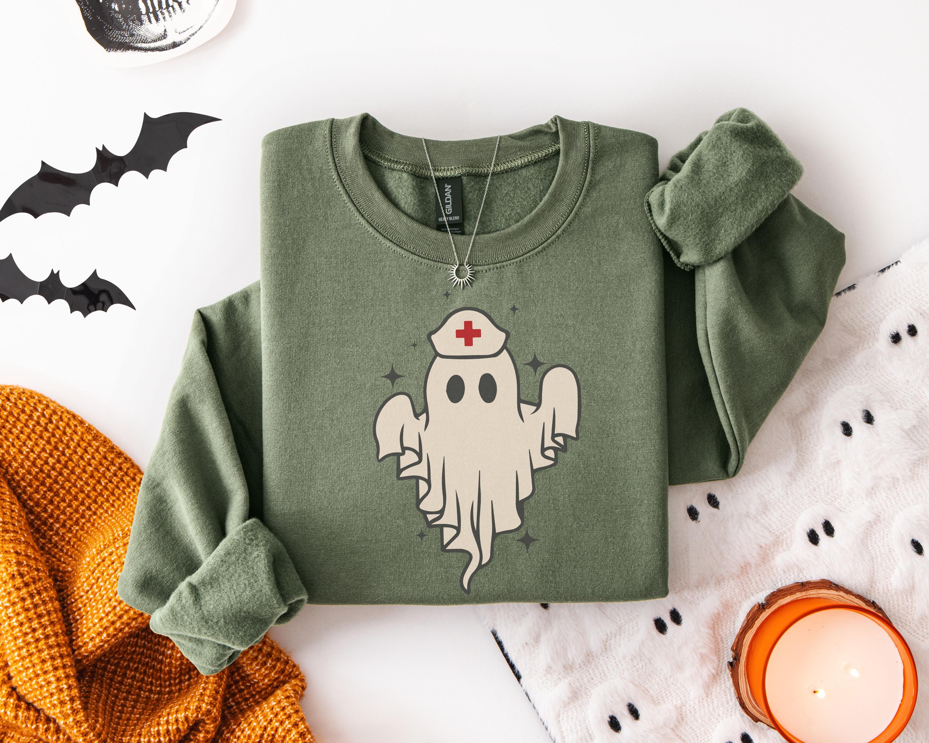 Cute Ghost Halloween Nurse Sweatshirt with Nurse Hat, Simple Medical Fall Design, Spooky Season Gift for Healthcare Staff