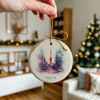 Tokyo Japan Personalized Watercolor Ornament, Custom Ceramic Christmas gift, Travel Keepsake
