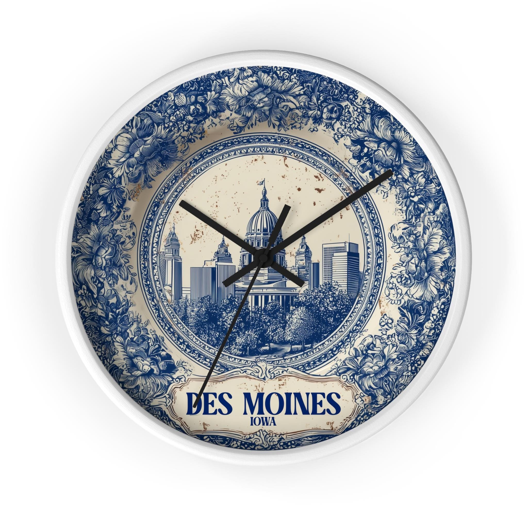 Des Moines Iowa Wall Clock, Delf style Home Decor, Vintage City Travel Keepsake Art