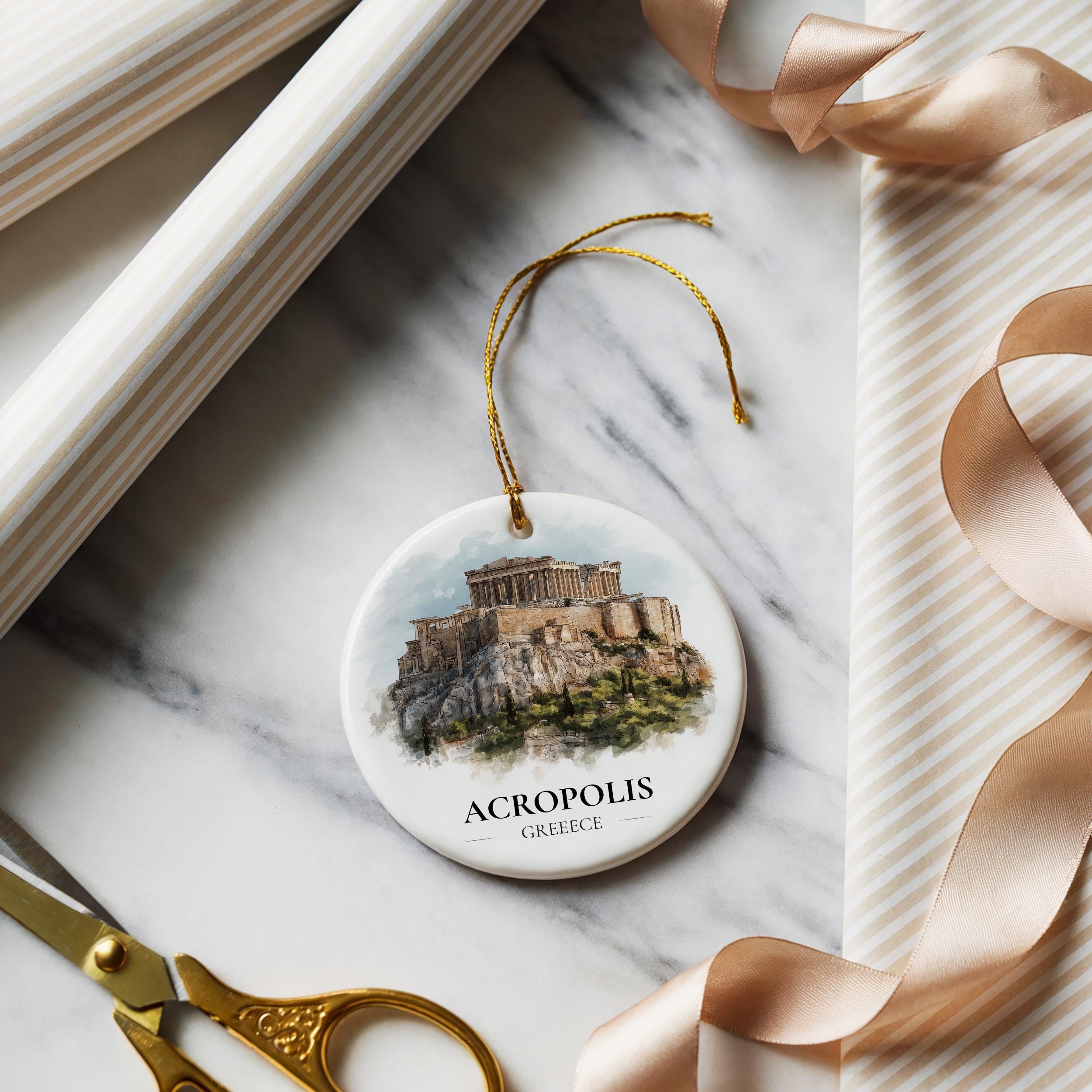 Acropolis Greece Personalized Watercolor Ornament, Custom Ceramic Christmas gift, Travel Keepsake
