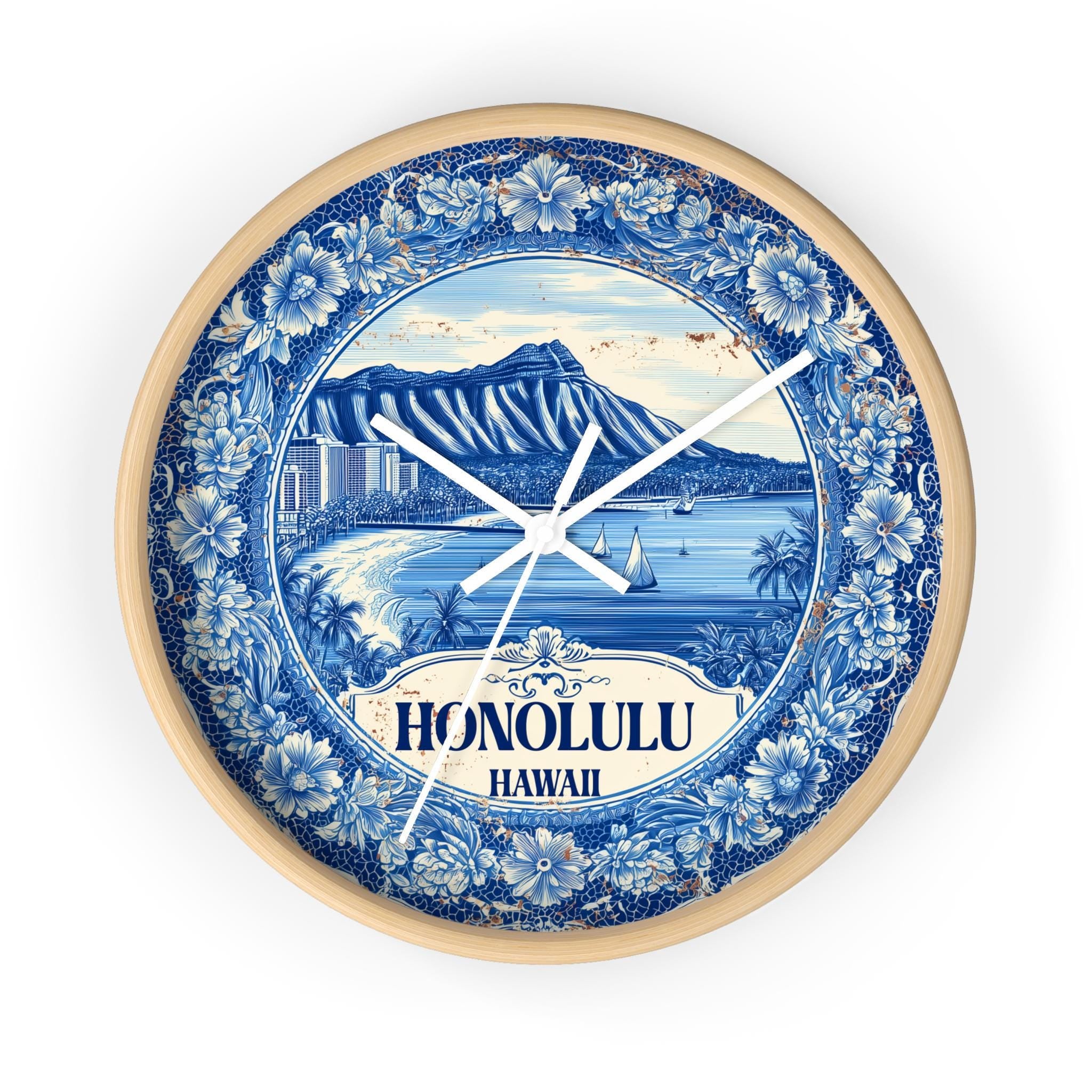 Honolulu Hawaii Wall Clock, Delf style Home Decor, Vintage City Travel Keepsake Art
