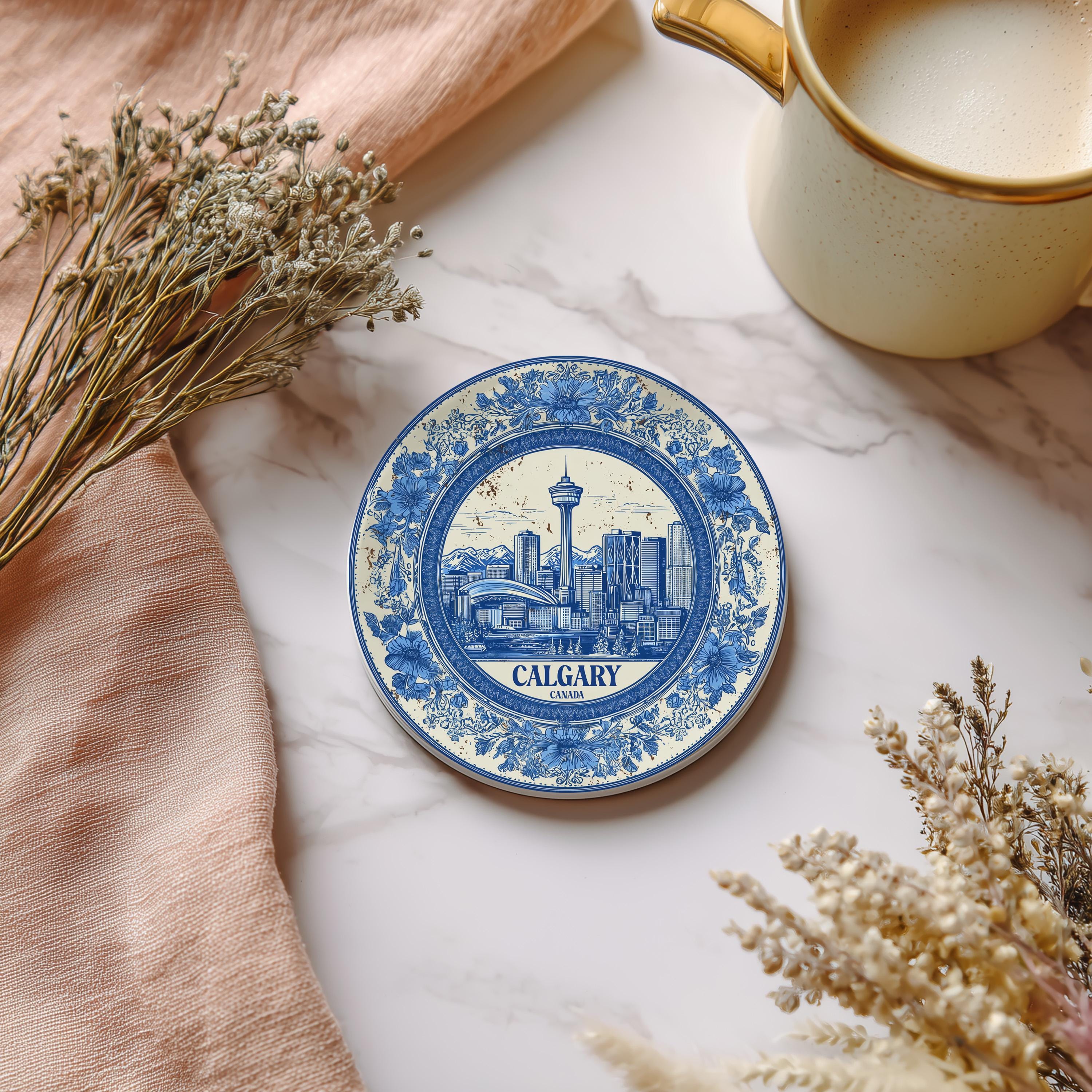 Calgary Canada Delftware Ceramic Coaster, Blue White Travel Gift, Vintage Home Decor Collectible