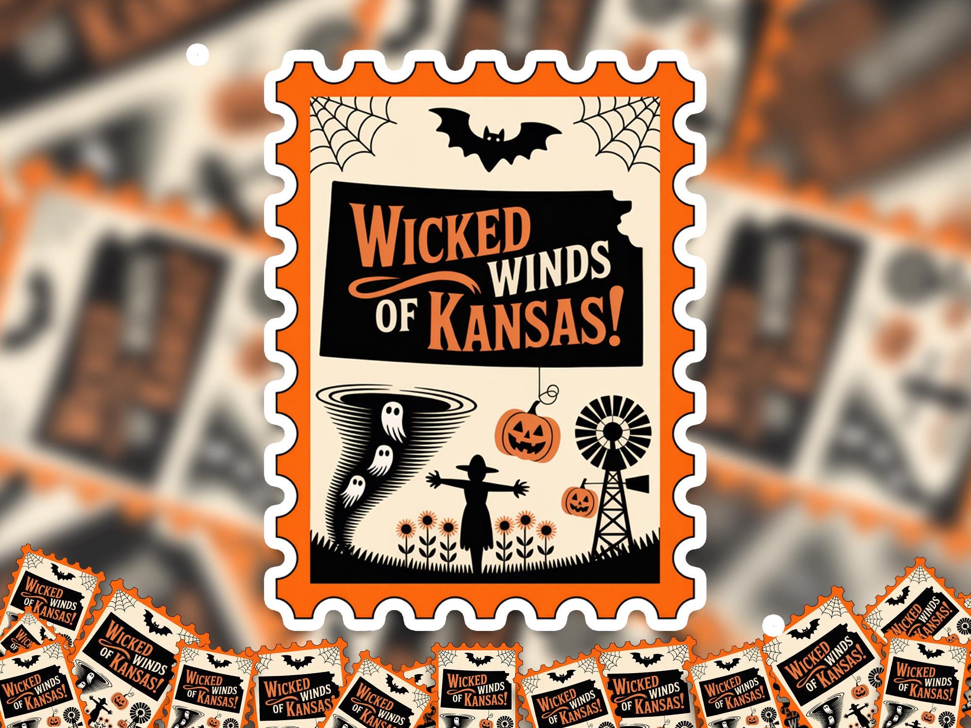 Kansas Stamp Halloween Sticker, Spooky USA Kiss-Cut Vinyl, Waterproof Decal, United States Travel