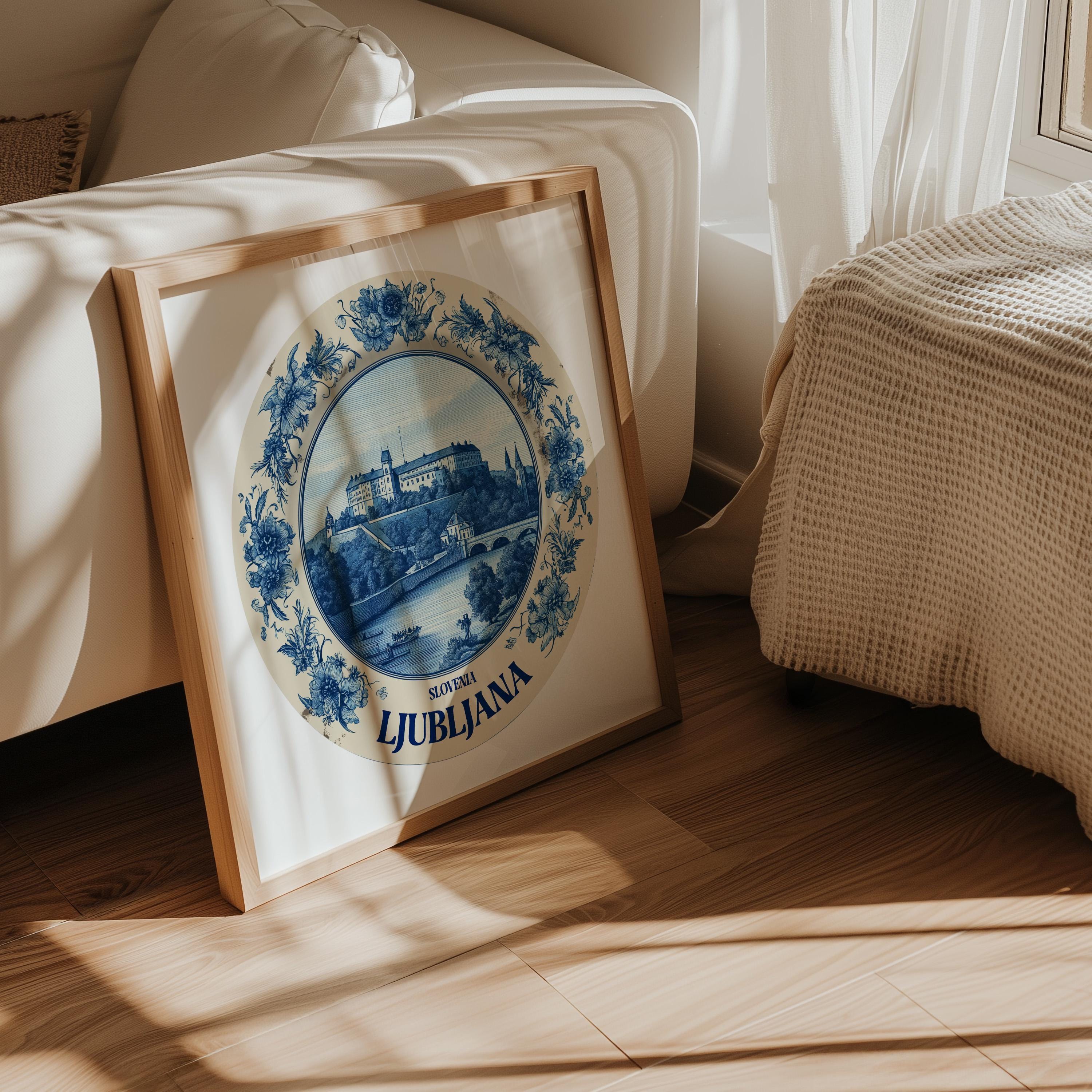 Ljubljana Slovenia Wall Art, Vintage Delft Blue Poster, City Print, Travel Home Decor