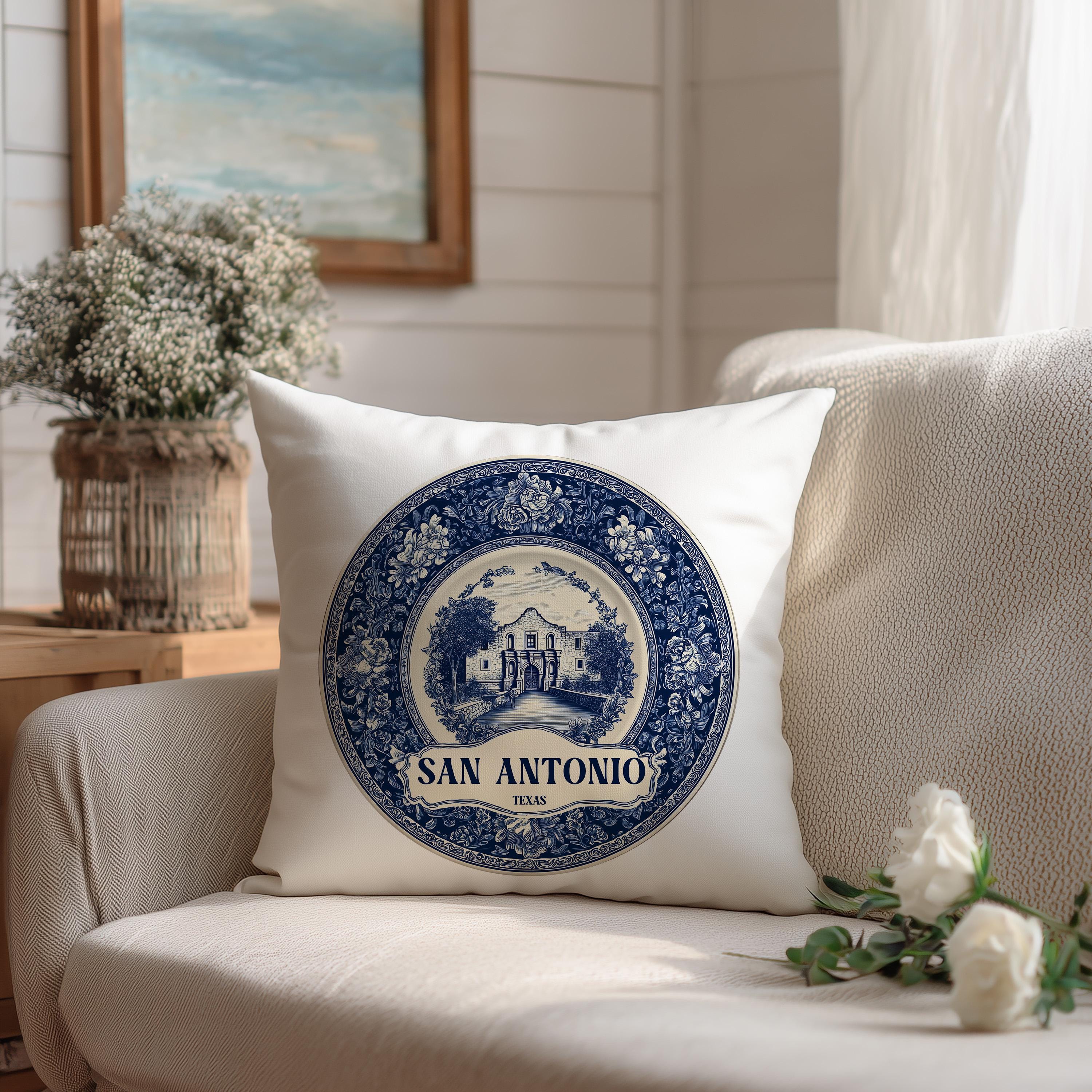 San Antonio Texas Pillowcase, Delft Style Decorative Throw Pillow, Vintage Cityscape Retro Home Decor