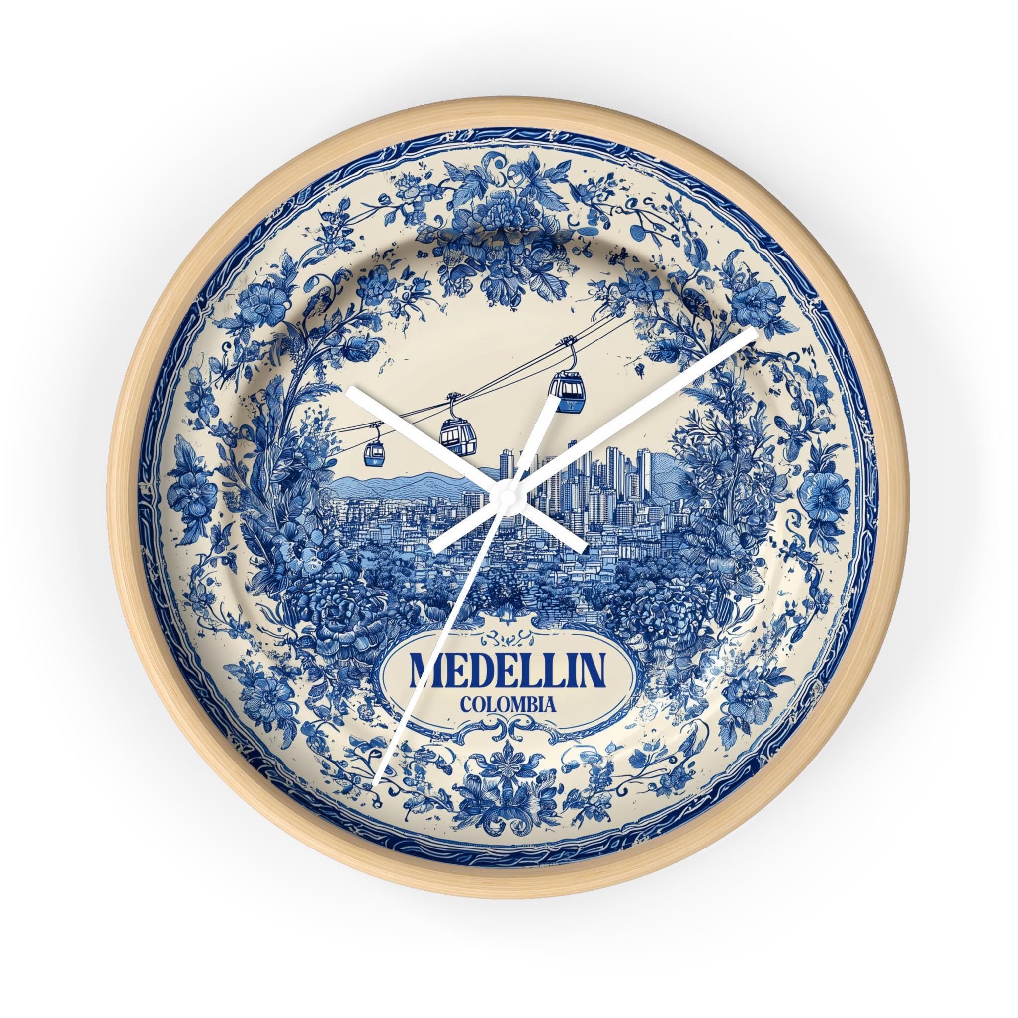 Medellin Colombia Wall Clock, Delf style Home Decor, Vintage City Travel Keepsake Art