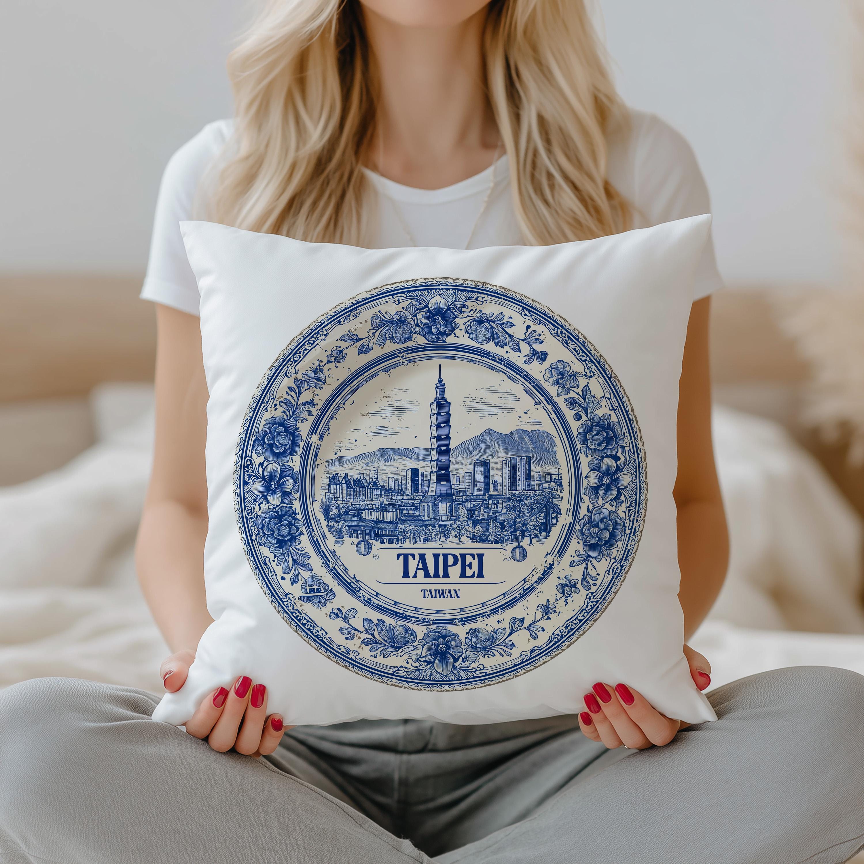 Taipei Taiwan Pillowcase, Delft Style Decorative Throw Pillow, Vintage Cityscape Retro Home Decor