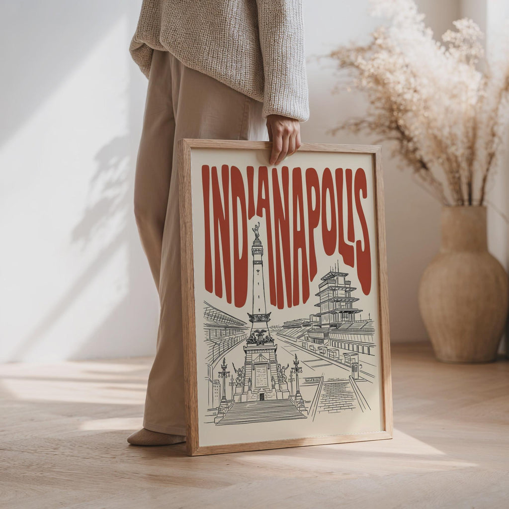 Indianapolis Wall Art, Minimalist Retro Skyline Framed Canvas Print, Indiana Home Decor
