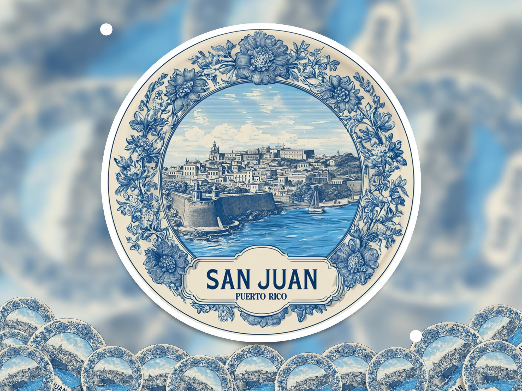 San Juan Puerto Rico Sticker Vintage Delft style, Delftware Decal Waterproof Vinyl, Blue City Travel