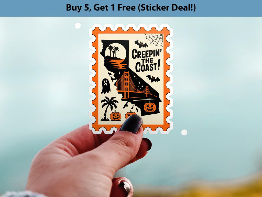 California Stamp Halloween Sticker, Spooky USA Kiss-Cut Vinyl, Waterproof Decal, United States Travel