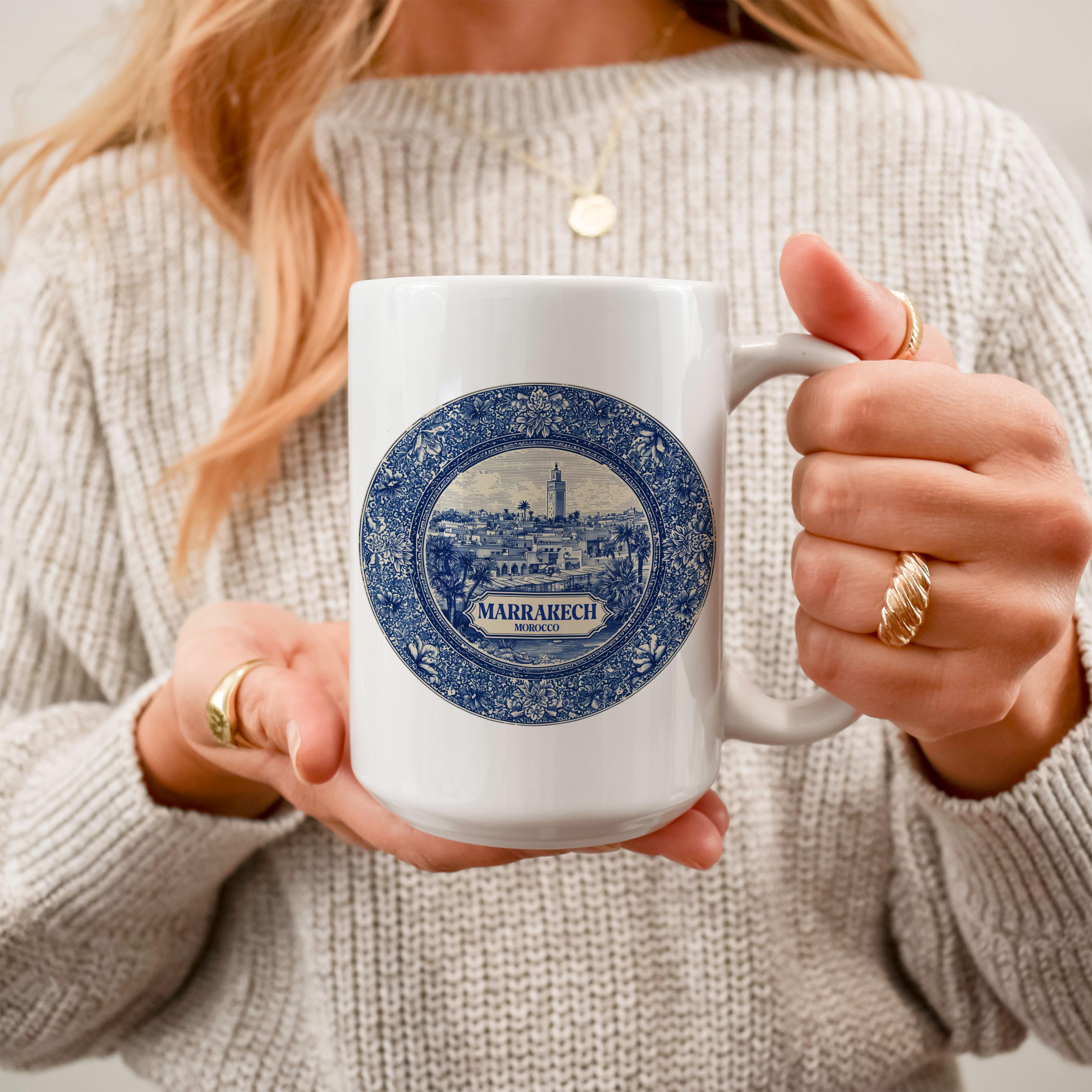 Marrakech Morocco Mug, Custom Delft Style cup, Personalized Vintage Travel City Gift