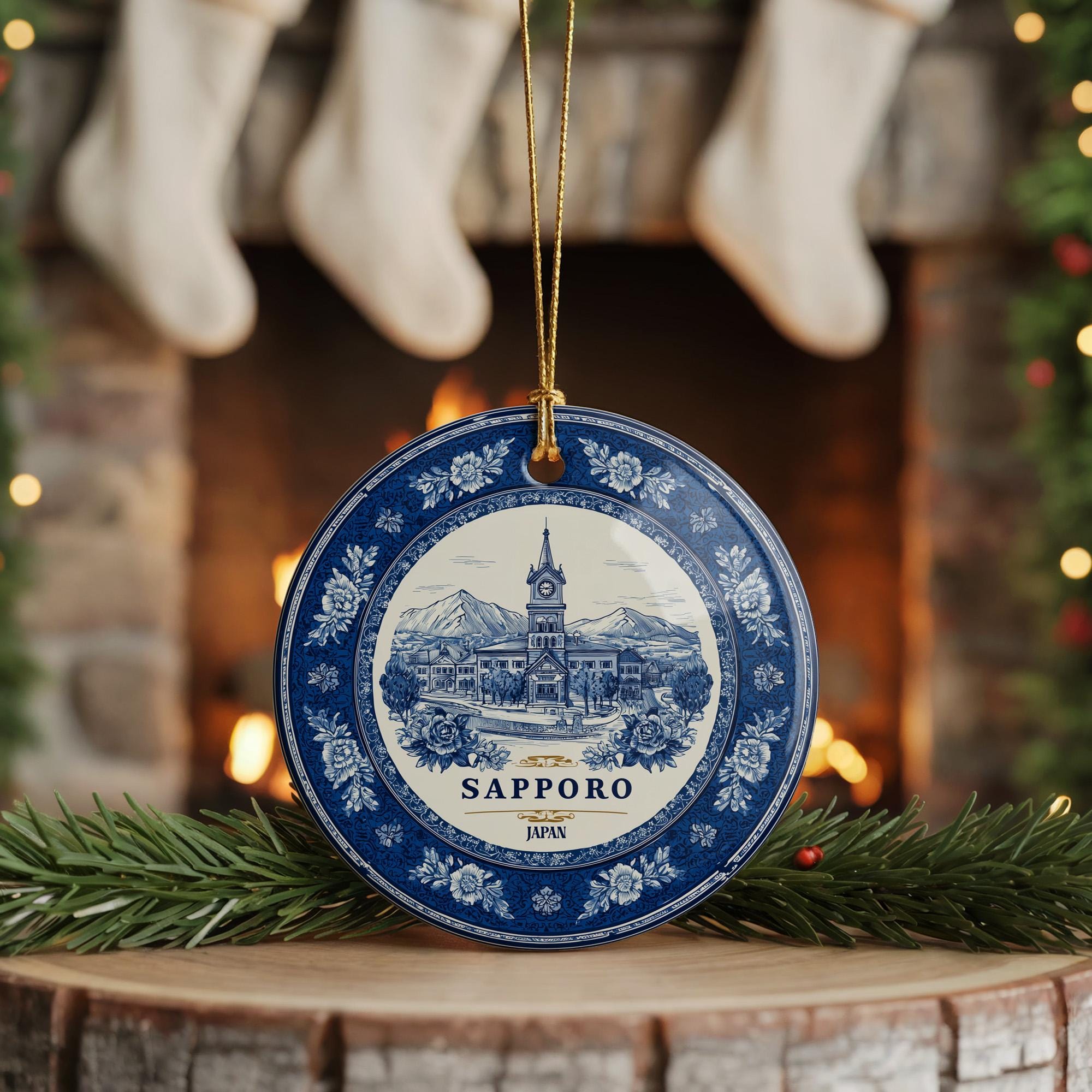 Custom Sapporo Japan Ceramic Delft Ornament, Christmas Delftware Blue Delftware city travel