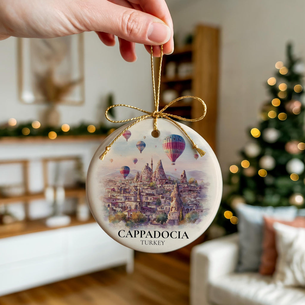 Cappadocia Turkey Personalized Watercolor Ornament, Custom Ceramic Christmas gift, Travel Keepsake