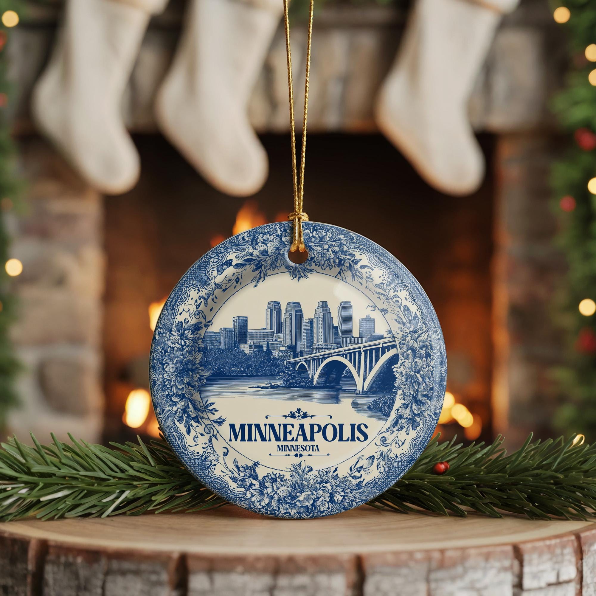 Custom Minneapolis Minnesota Ceramic Delft Ornament, Christmas Delftware Blue Delftware city travel