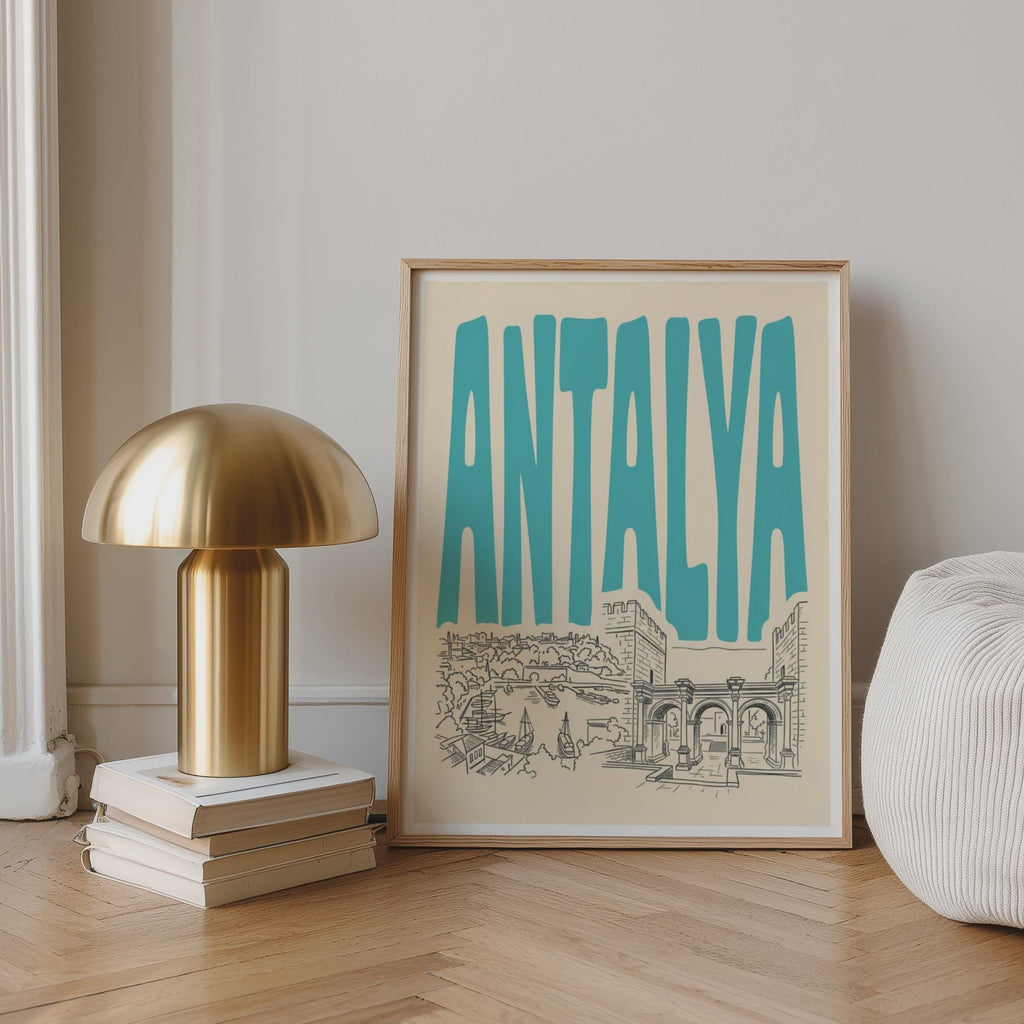 Antalya Turkey Wall Art, Retro Travel Poster, Framed Canvas Print