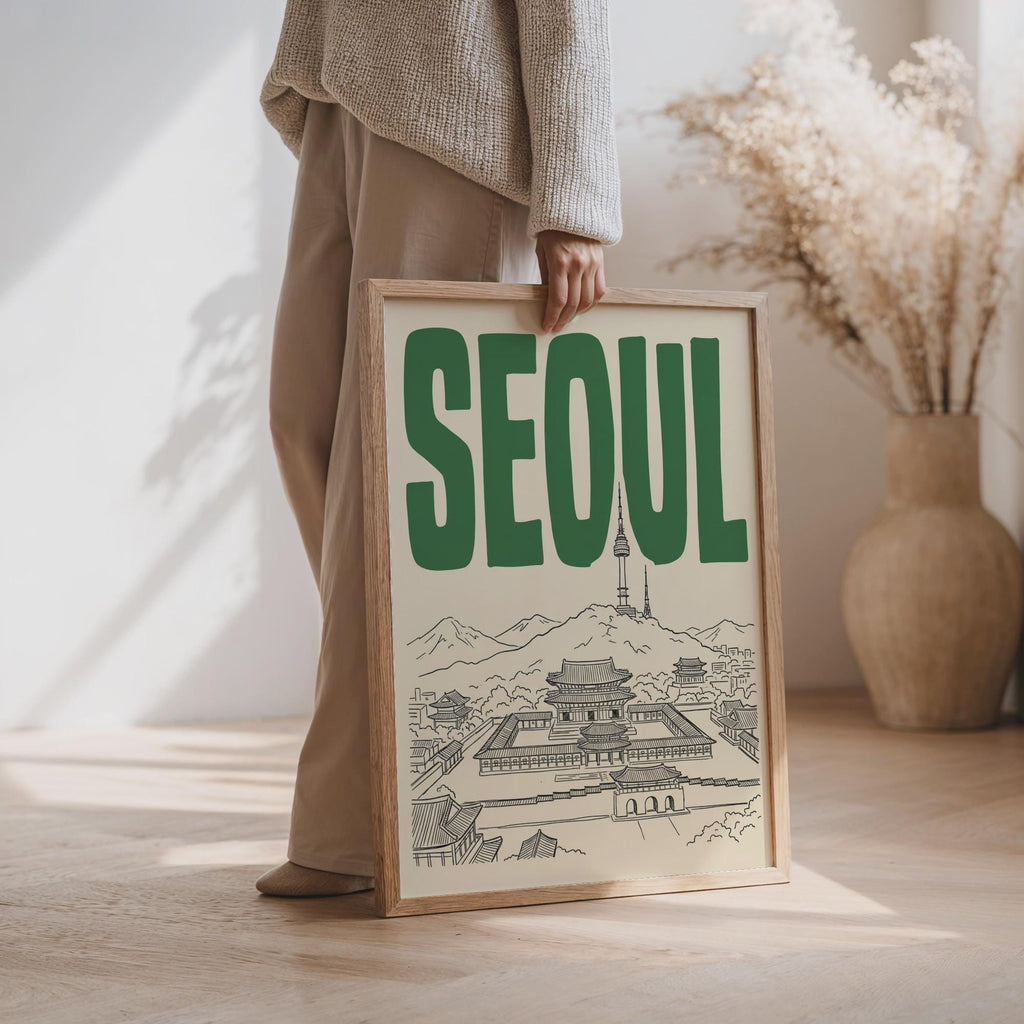 Seoul South Korea Wall Art, Framed Canvas Print, Retro Travel Decor