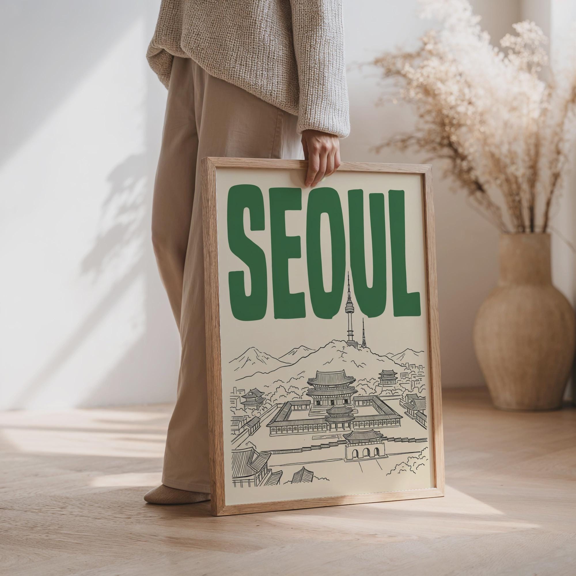 Seoul South Korea Wall Art, Framed Canvas Print, Retro Travel Decor