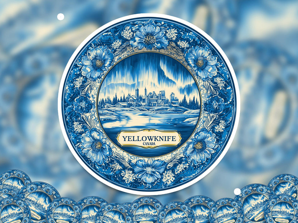 Yellowknife Canada Sticker Vintage Delft style, Delftware Decal Waterproof Vinyl, Blue City Travel