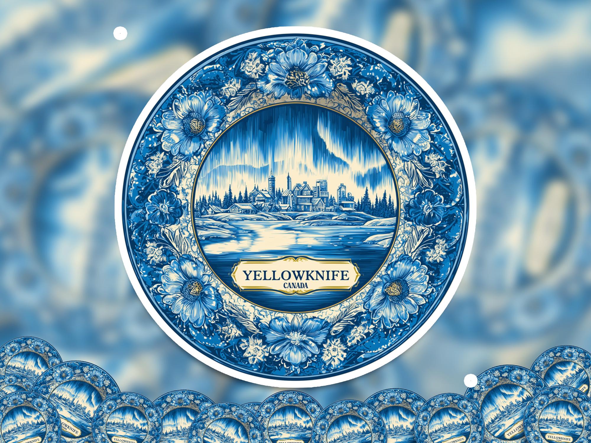 Yellowknife Canada Sticker Vintage Delft style, Delftware Decal Waterproof Vinyl, Blue City Travel