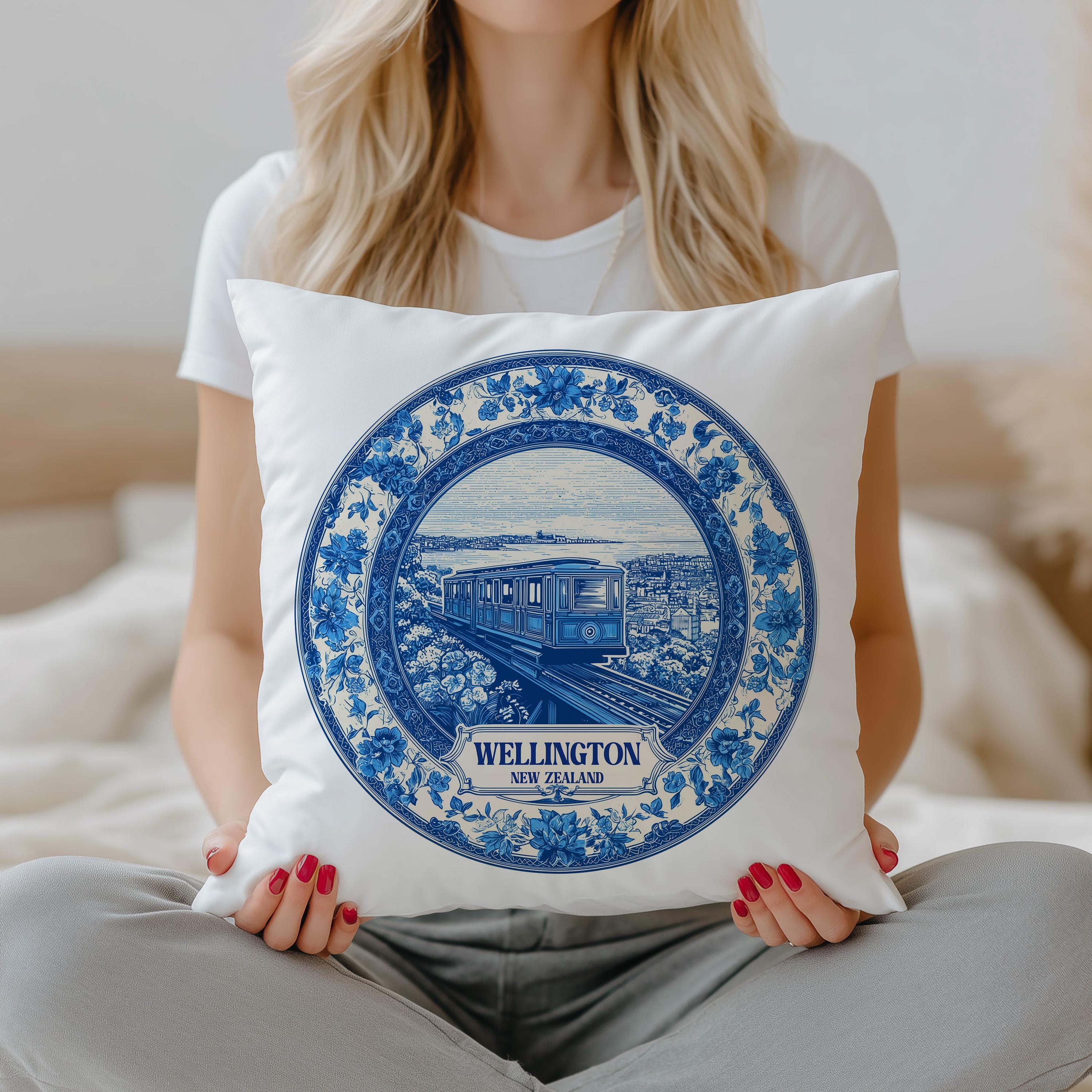 Wellington New Zealand Pillowcase, Delft Style Decorative Throw Pillow, Vintage Cityscape Retro Home Decor