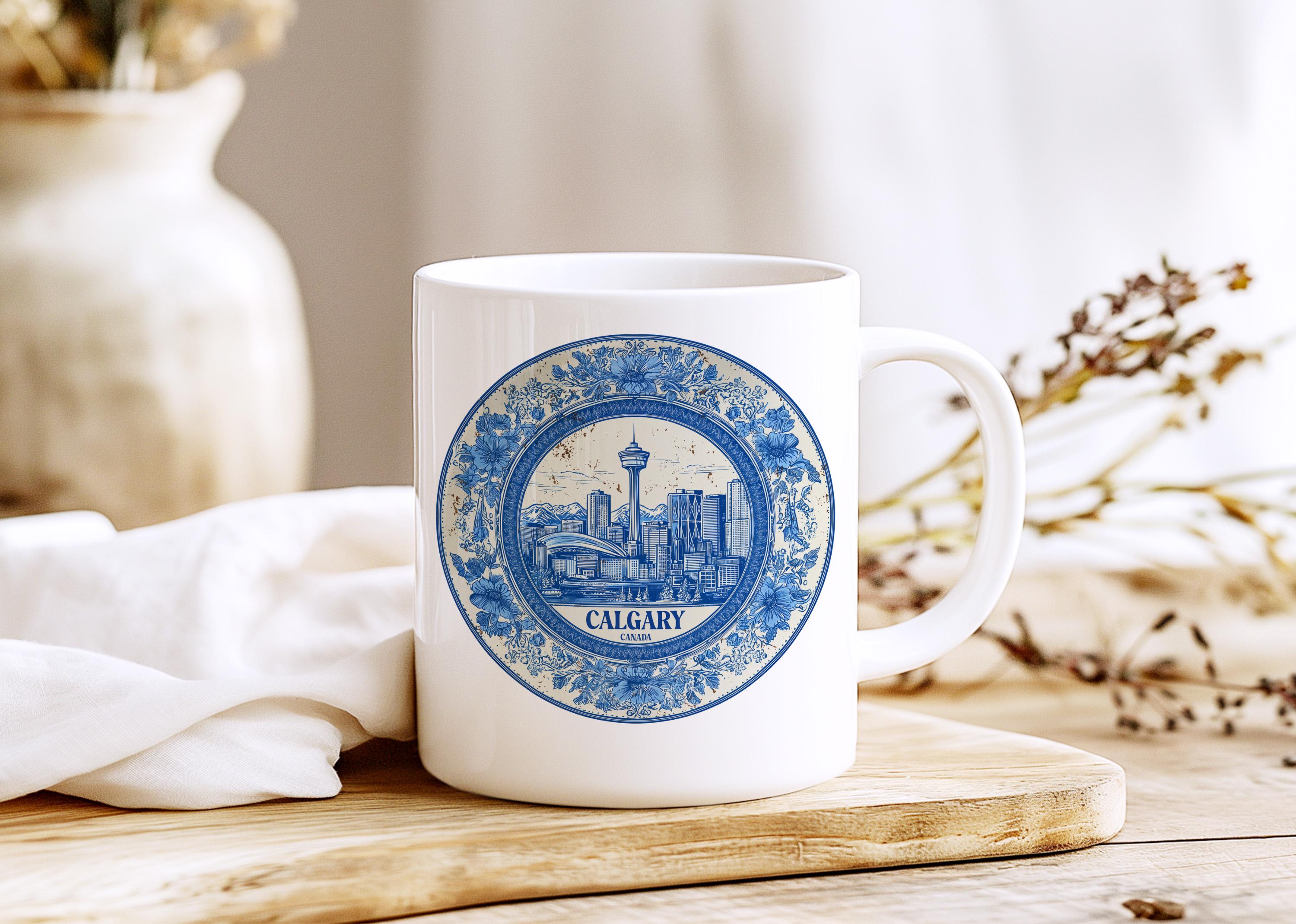 Calgary Canada Mug, Custom Delft Style cup, Personalized Vintage Travel City Gift