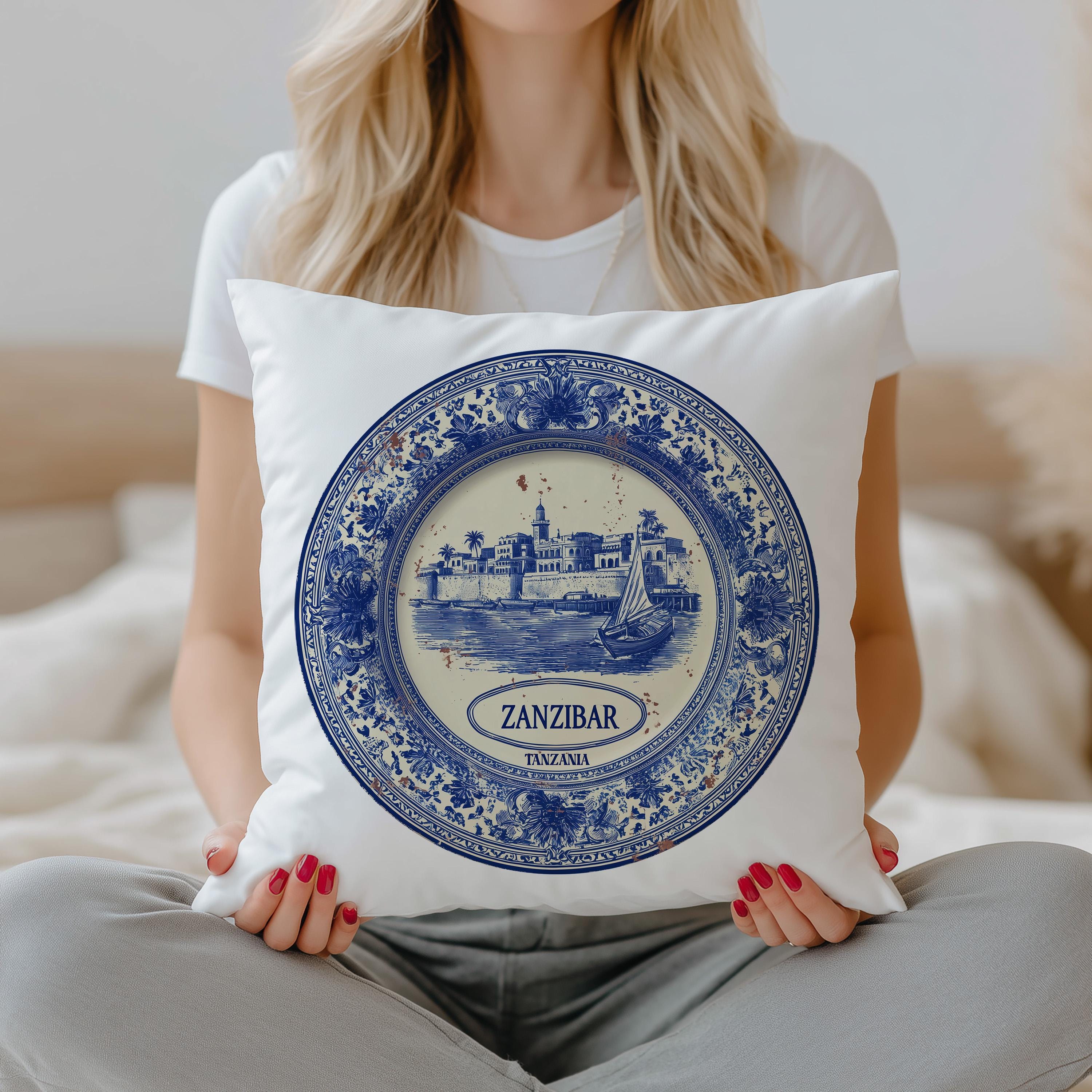 Zanzibar Tanzania Pillowcase, Delft Style Decorative Throw Pillow, Vintage Cityscape Retro Home Decor