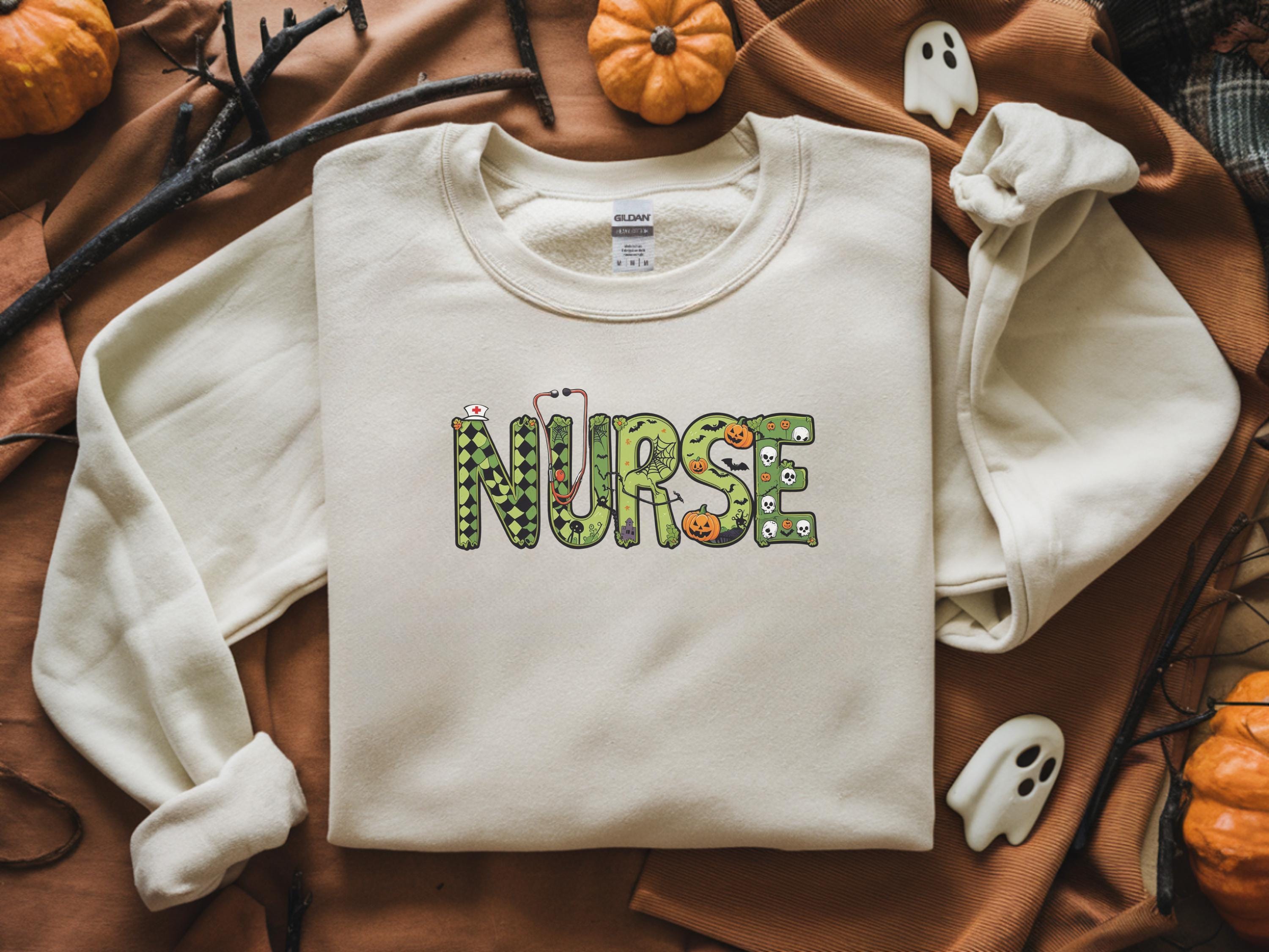 Retro Zombie Halloween Nurse Sweatshirt, Letters RN Shirt, Spooky Green Cute Nurse Jumper, Funny Nursing Halloween Gift for Nurse RN