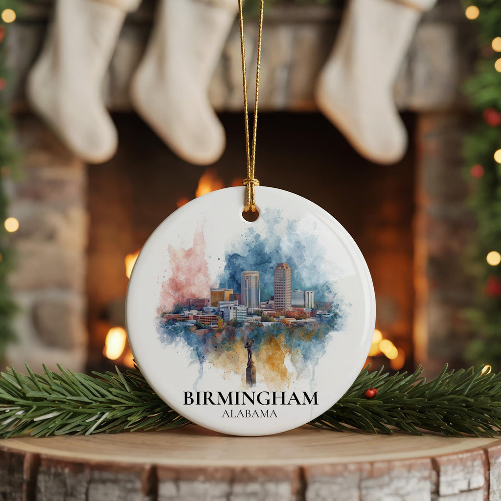 Birmingham Alabama Personalized Watercolor Ornament, Custom Ceramic Christmas gift, Travel Keepsake