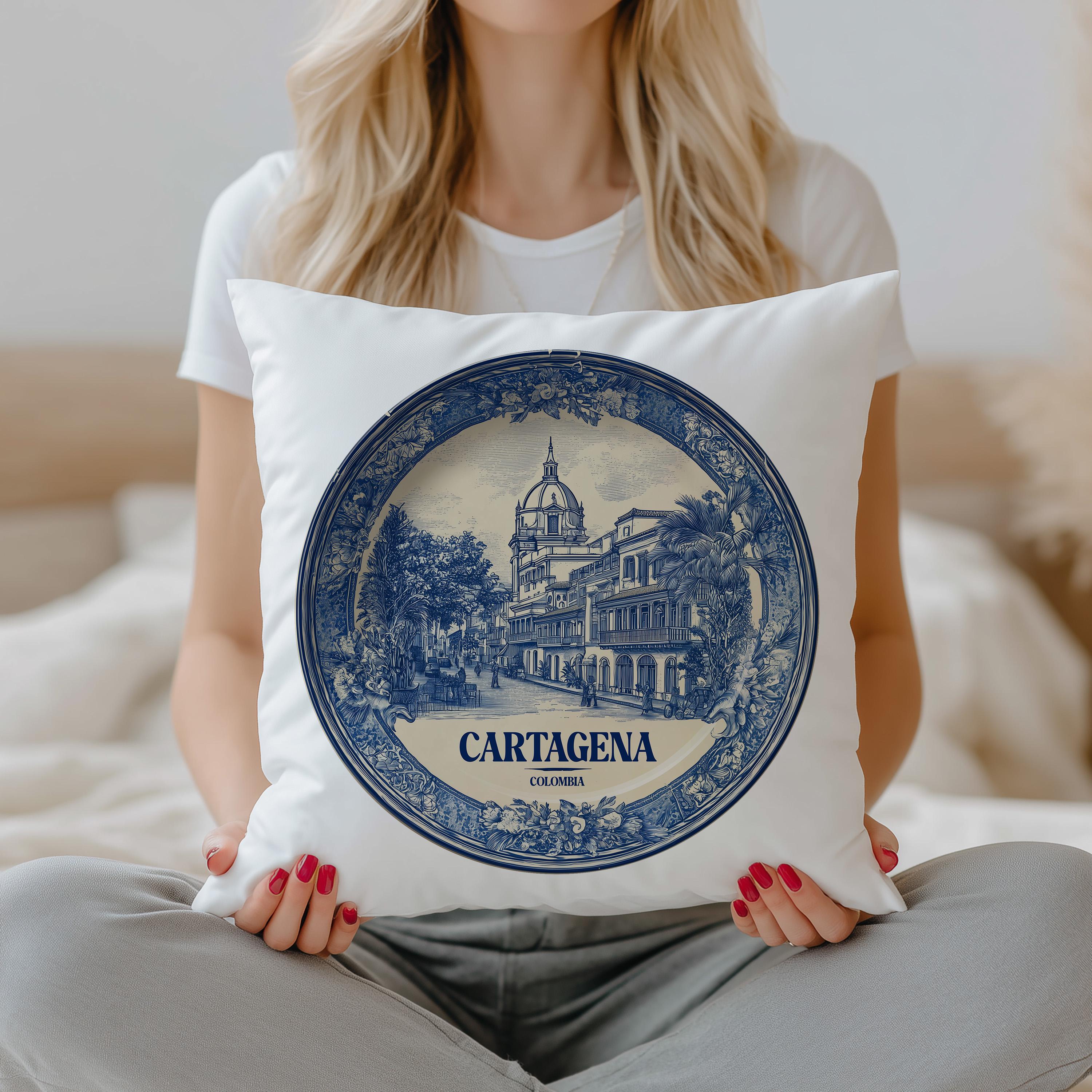 Cartagena Colombia Pillowcase, Delft Style Decorative Throw Pillow, Vintage Cityscape Retro Home Decor