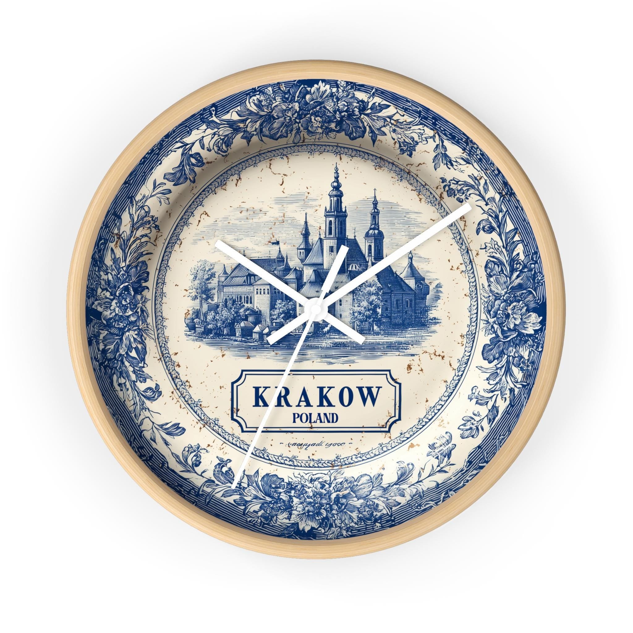 Krakow Poland Wall Clock, Delf style Home Decor, Vintage City Travel Keepsake Art