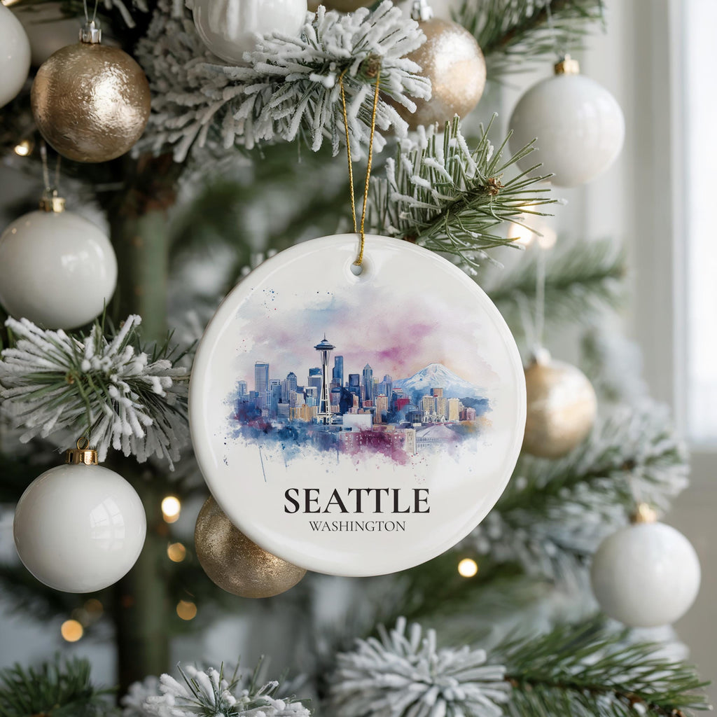 Seattle Washington Personalized Watercolor Ornament, Custom Ceramic Christmas gift, Travel Keepsake