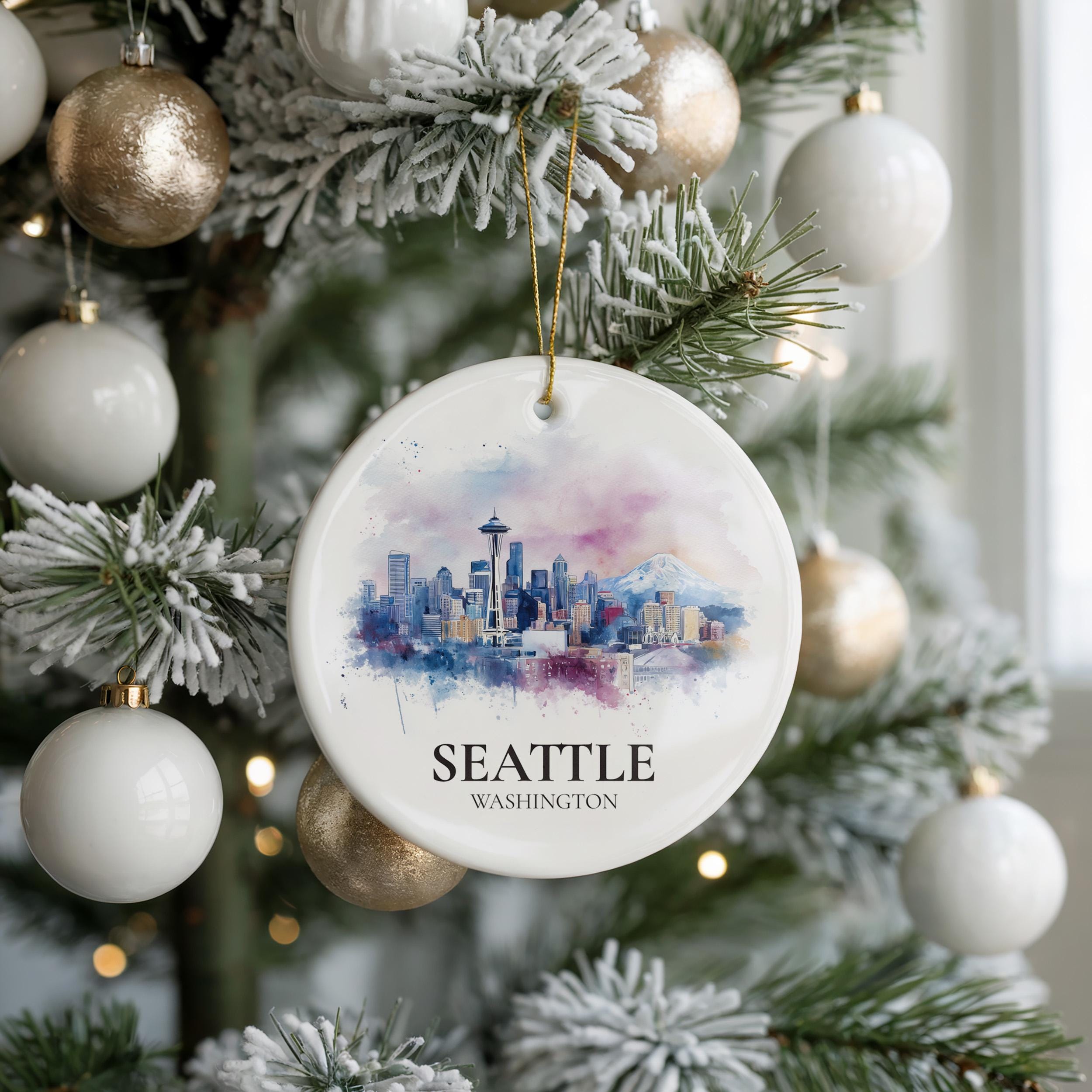 Seattle Washington Personalized Watercolor Ornament, Custom Ceramic Christmas gift, Travel Keepsake