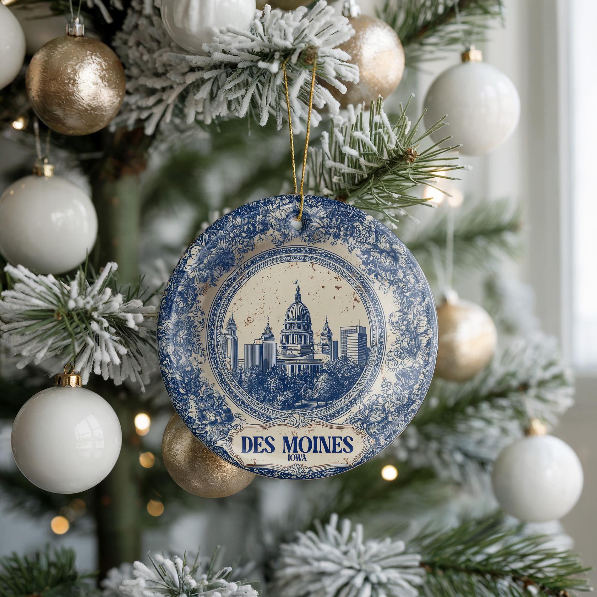 Custom Des Moines Iowa Ceramic Delft Ornament, Christmas Delftware Blue Delftware city travel