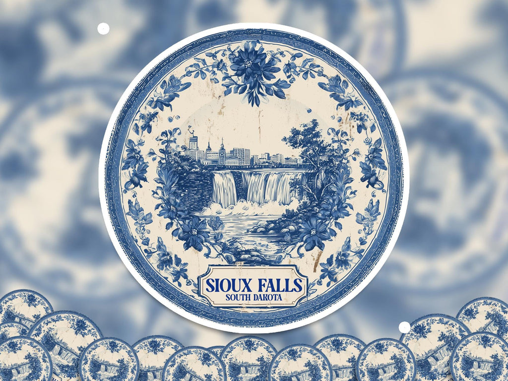 Sioux Falls South Dakota Sticker Vintage Delft style, Delftware Decal Waterproof Vinyl, Blue City Travel
