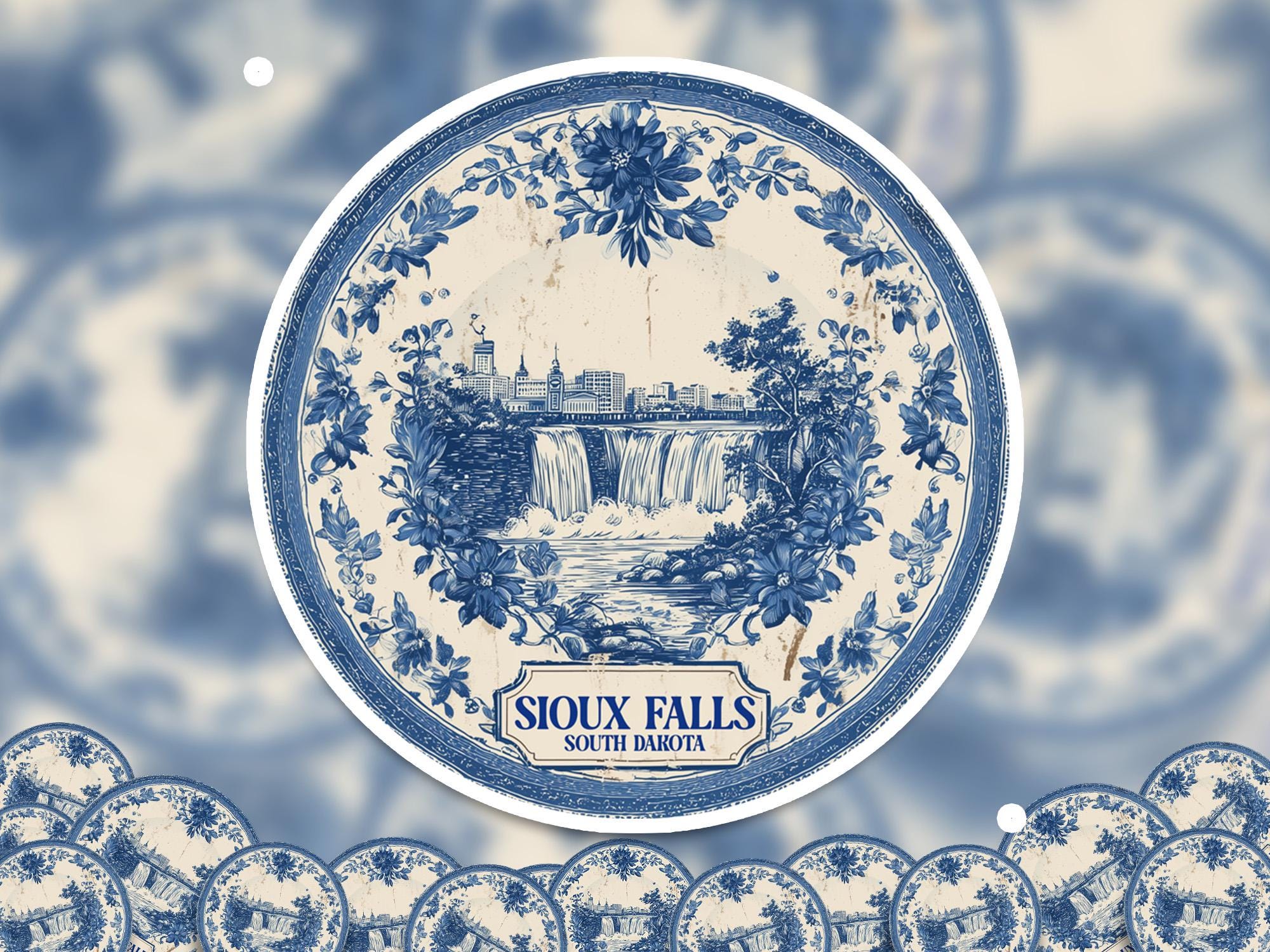 Sioux Falls South Dakota Sticker Vintage Delft style, Delftware Decal Waterproof Vinyl, Blue City Travel
