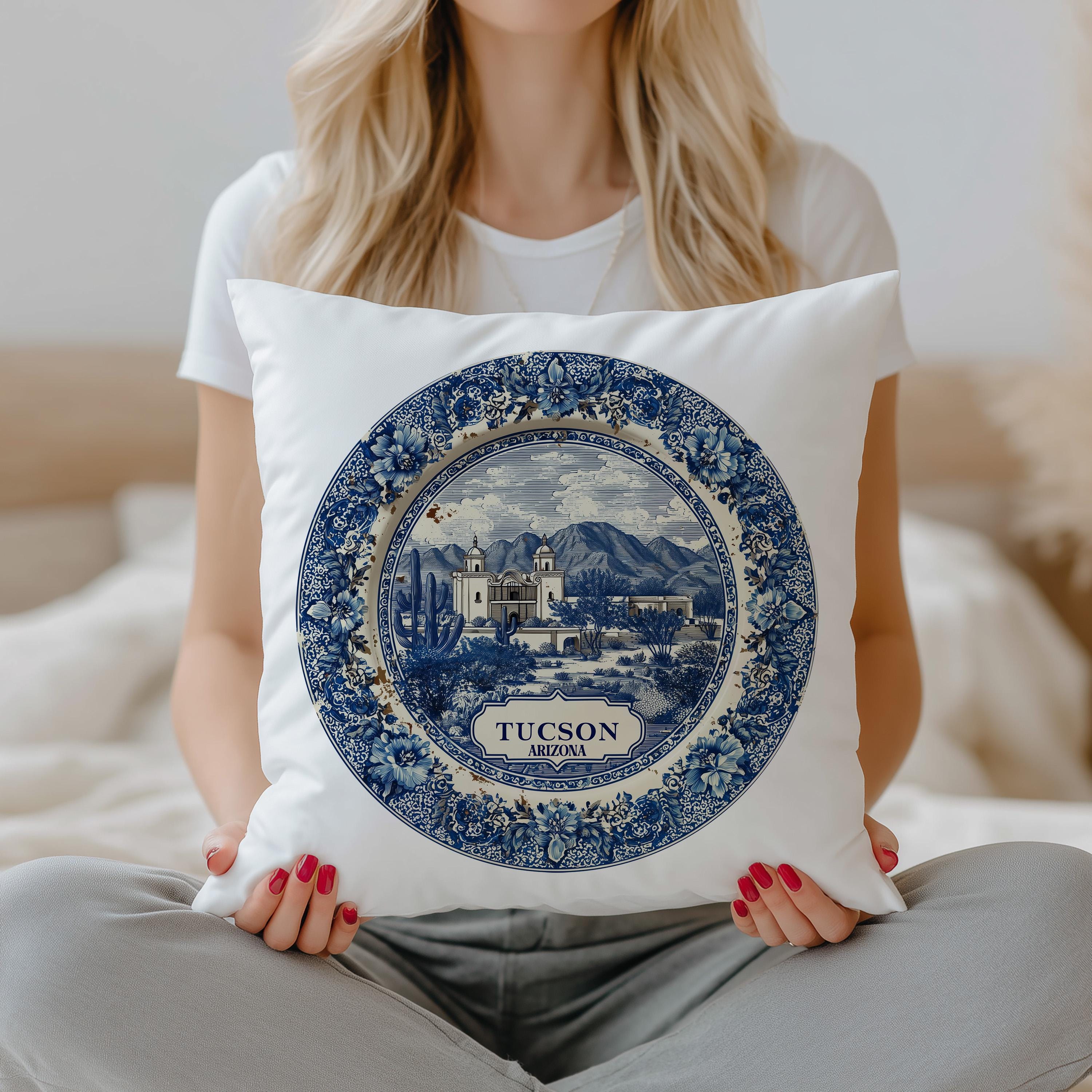 Tucson Arizona Pillowcase, Delft Style Decorative Throw Pillow, Vintage Cityscape Retro Home Decor